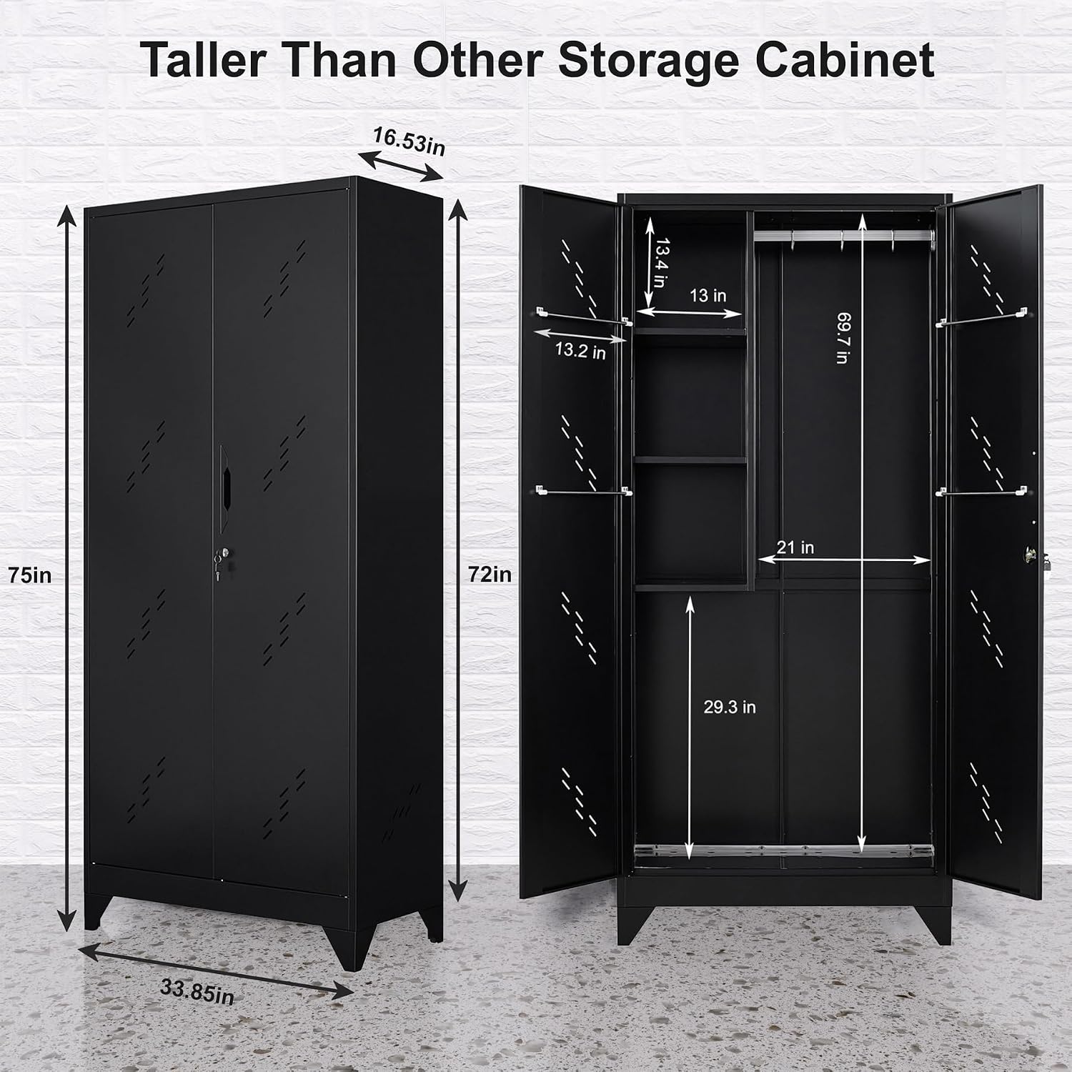 75' Taller Metal Garage Storage Cabinet,Tool Chest, Large Office Storage Cabinet with Lock Doors, Stainless Steel Bottom Plate with Holes,Utility Room Organization(H75* D16.53*L33.85)(Black)