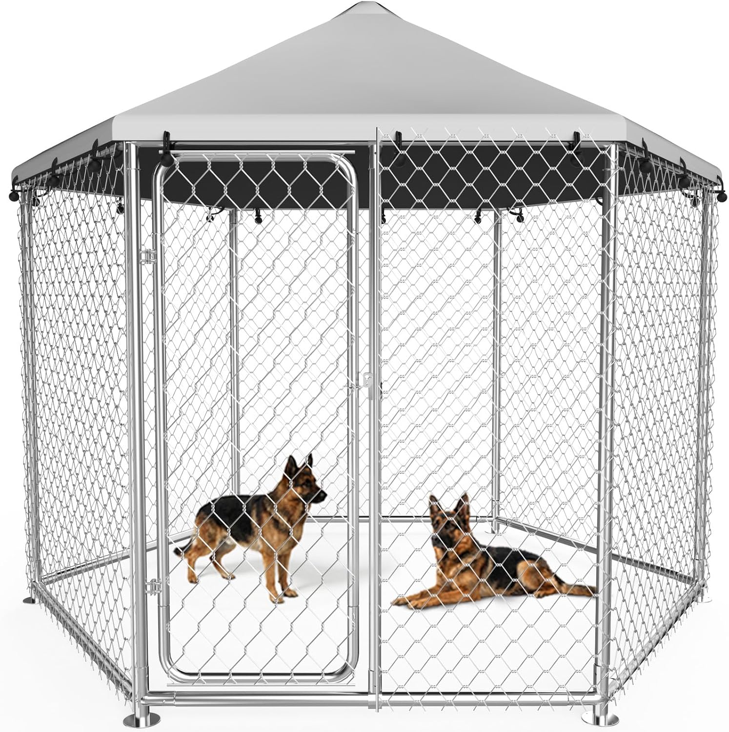 6.8x6.8 FT Heavy Duty Large Outdoor Dog Kennel Outside, Galvanized Steel Enclosure with Waterproof UV-Resistant Roof, Lockable Door, Hexagonal Wire Mesh Dog Run