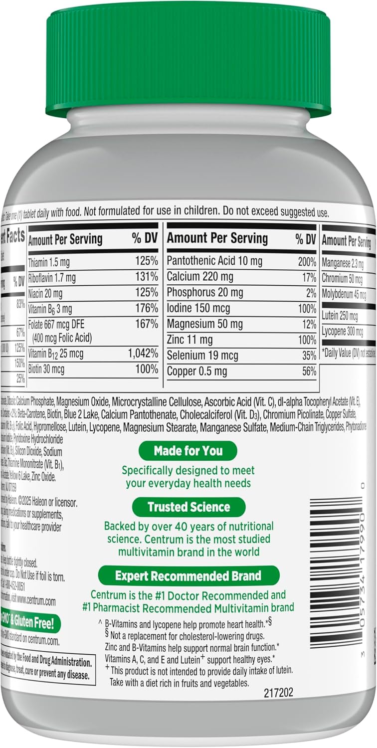Centrum Silver Multivitamin for Adults 50 Plus, Multivitamin/Multimineral Supplement, Vitamin D3, B Vitamins, Gluten Free, Non-GMO Ingredients, Supports Memory and Cognition in Older Adults - 220 Ct