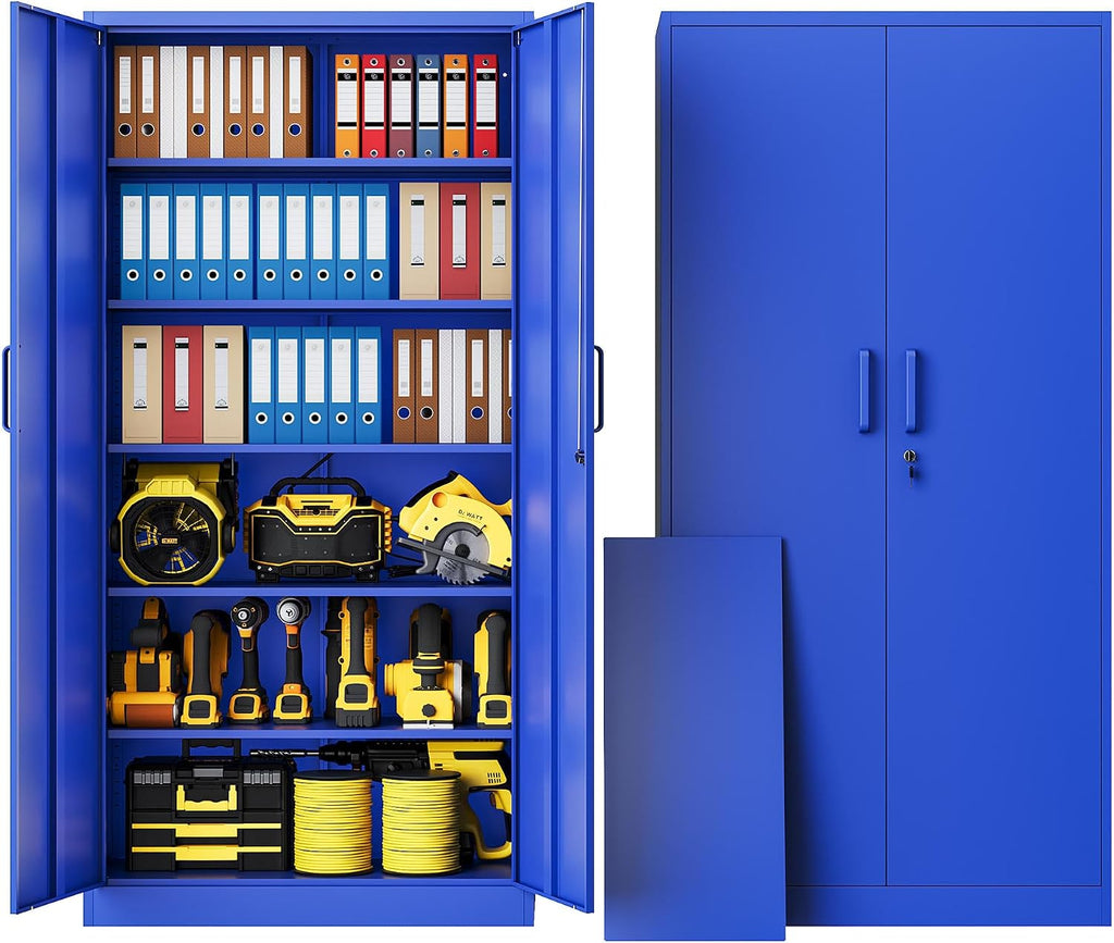 Metal Cabinet with Lock, Tall Storage Cabinet with Door and Adjustable Shelves,Blue Steel Storage Cabinets for Garage,Home Office,Pantry,School,Hospital