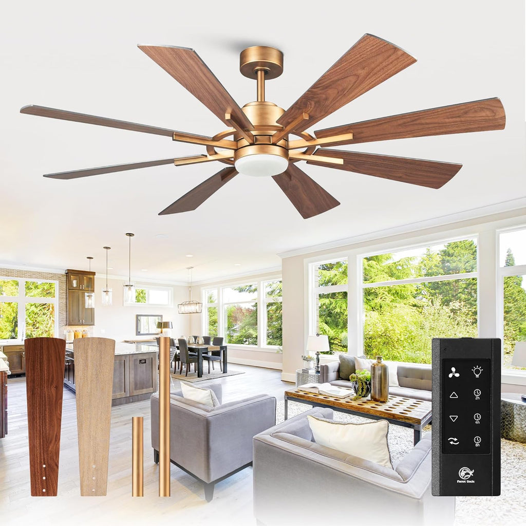 60 Inch Gold Ceiling Fans with Lights and Remote, Modern Large Outdoor Ceiling Fans for Patios, Quiet Reversible DC Motor, 6 Speeds, 3CCT, Timer, Chandelier Ceiling Fan for Living Room Bedroom