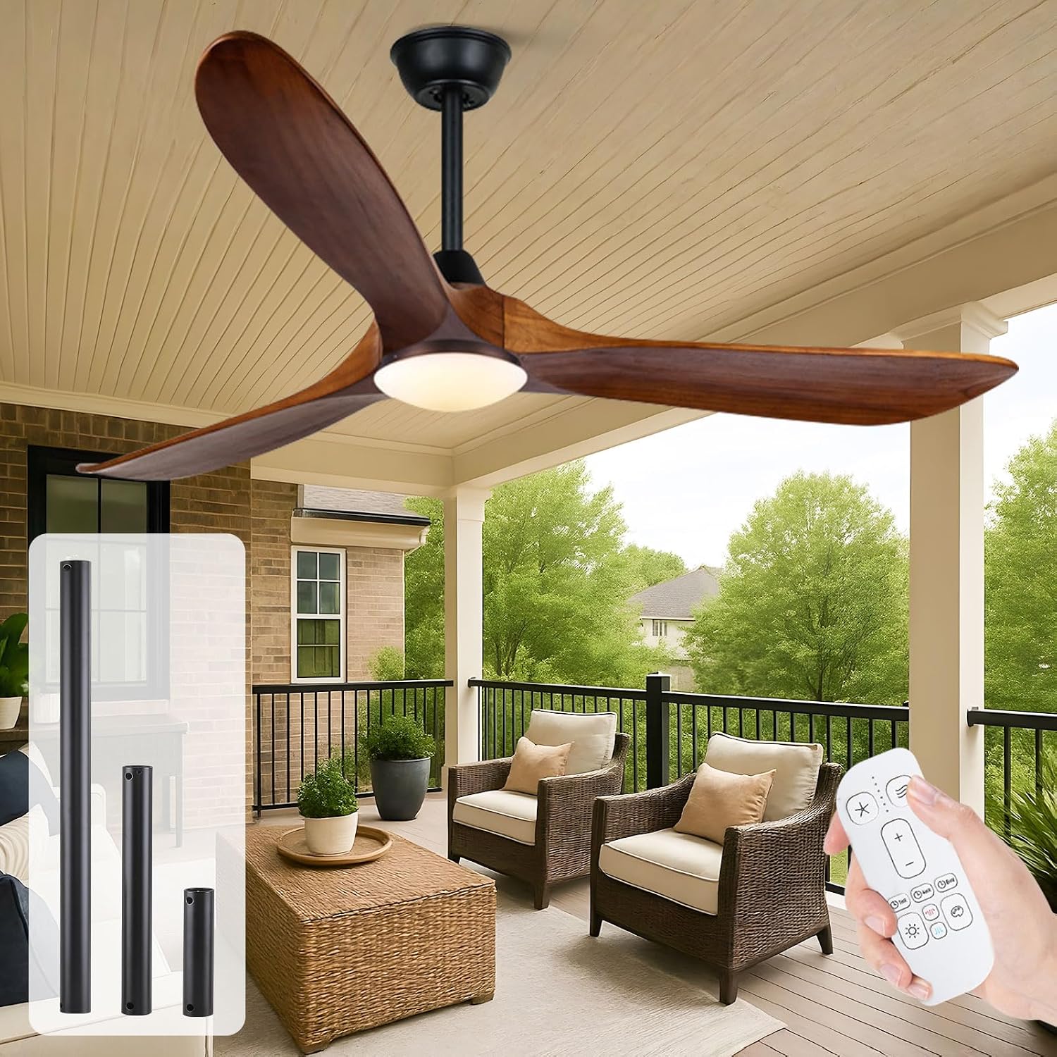60 Inch Wood Ceiling Fan with Light and Remote, Rustic Farmhouse Ceiling Fan with Reversible DC Motor, Damp Rated Outdoor Ceiling Fans for Patios Porch Commercial, 3 Down Rods