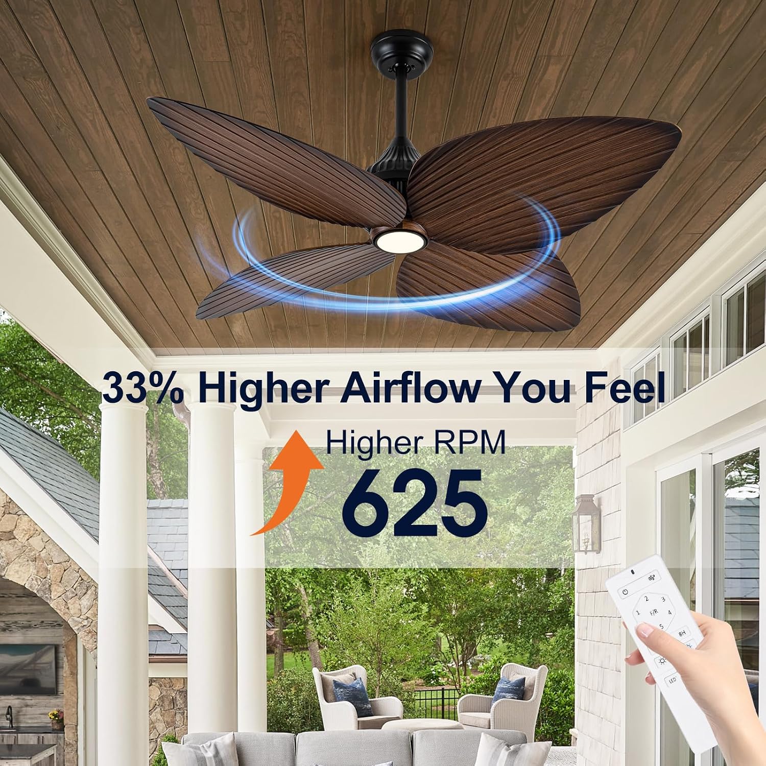 Outdoor Ceiling Fans For Patios With Light Waterproof, 52 Inch Tropical Ceiling Fan, 4 Palm Leaf Blades With Remote For Wet Rated Outside Exterior Porch, Pergola, Gazebo, Island, Black
