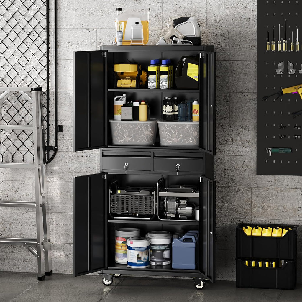 Metal Garage Storage Cabinet with 4 Wheels and 2 Drawers, 72' Heavy Duty Rolling Tool Storage Cabinet Organizer, Locking Doors and Adjustable Shelves for Garage, Workshop, Office, Warehouse