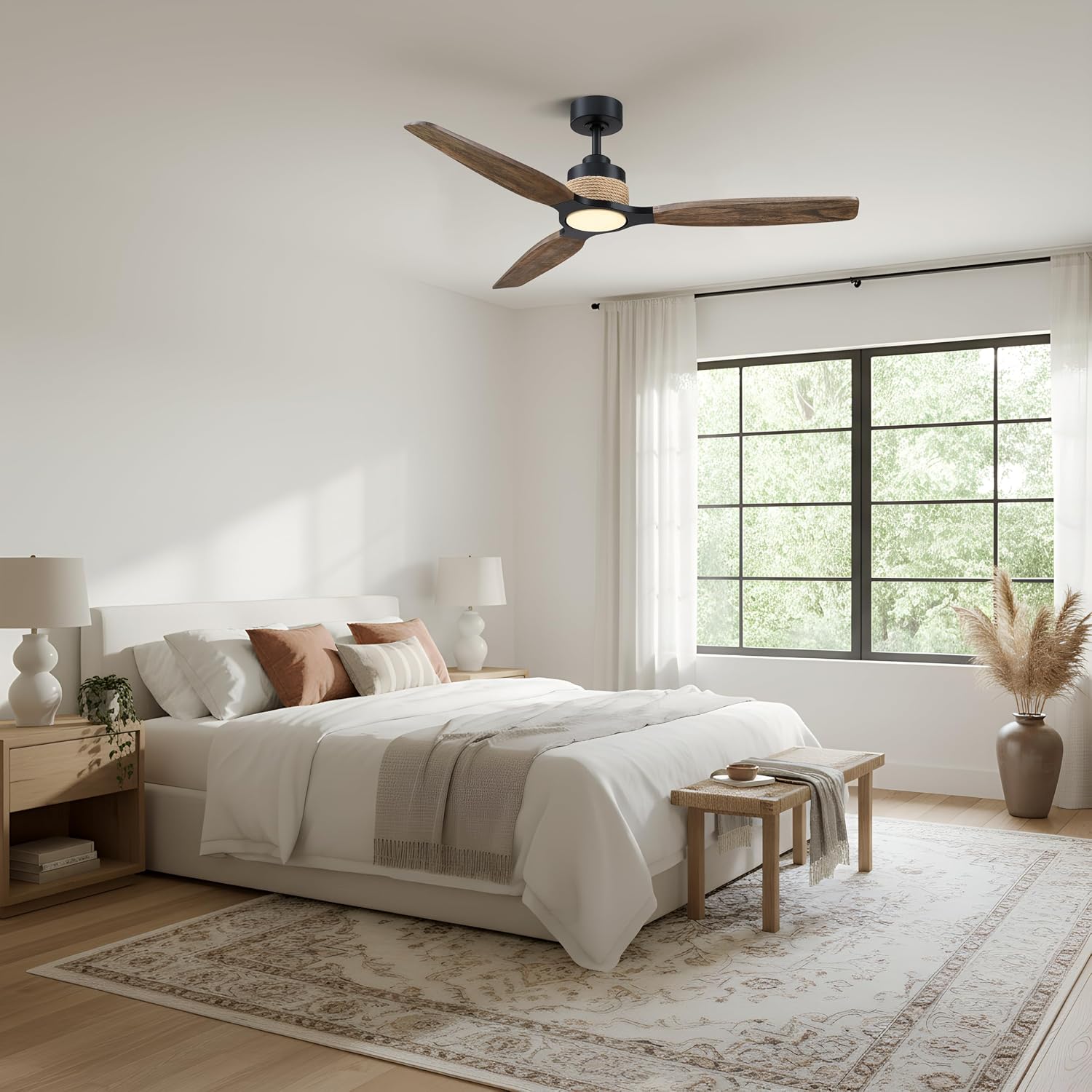 56' Black Ceiling Fans with Lights and Remote - Modern Farmhouse Wood Ceiling Fan with LED Light, Large Outdoor Ceiling Fans for Patios Living Room Patios Covered, 6-Speed Reverse, 3CCT, Timer