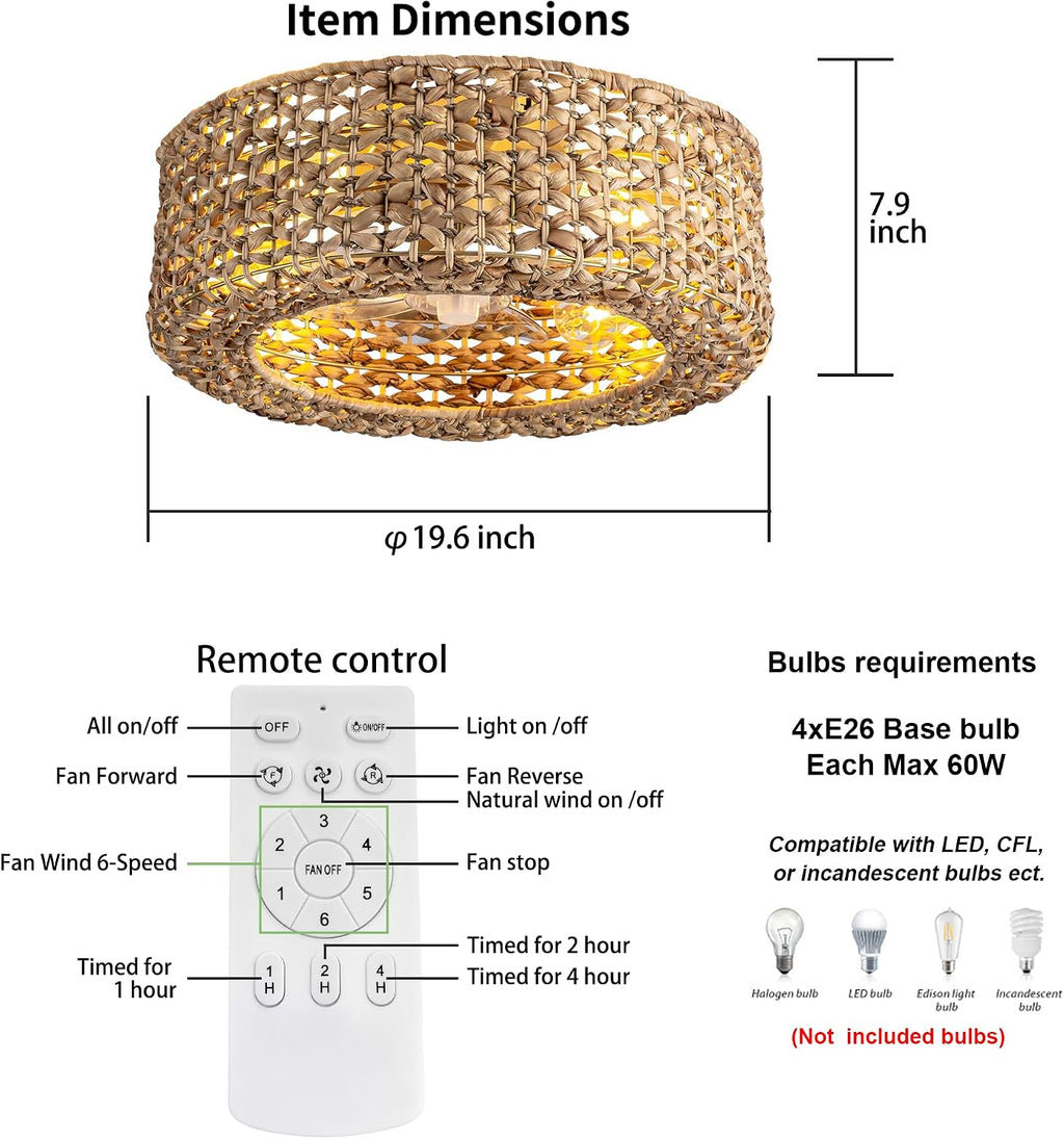 0139-4H Handwoven Rattan Boho Ceiling Fans with Lights Remote Control Flush Mount Fandelier Low Profile Caged for Bedroom,4-Light,20'