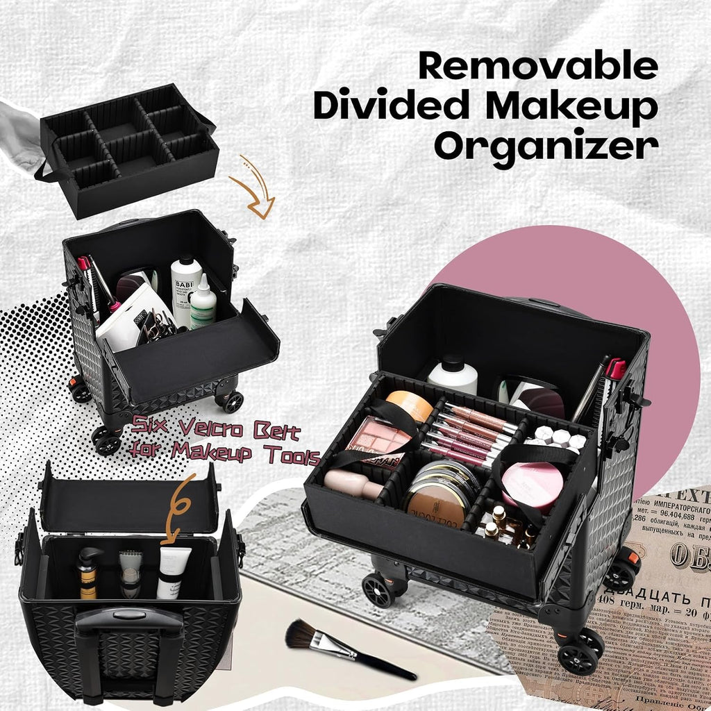 Yueieoun 5 in 1 Makeup Train Case, Cosmetology Case on Wheels Travel Make up Case Rolling Nail Cart Makeup Organizer Cosmetic Storage Box Cases Extra Large Trolley Truck with 360° Swivel Wheels, Black