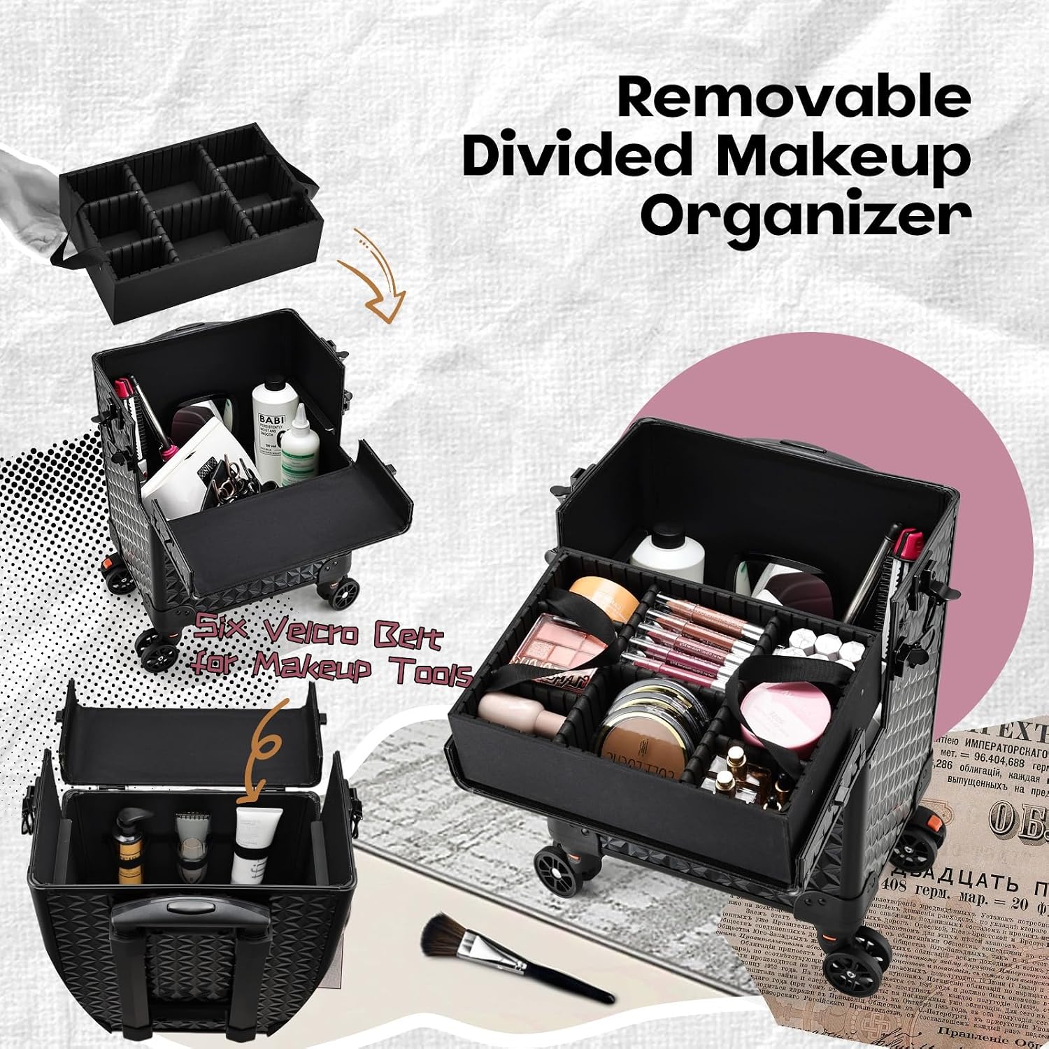 Yueieoun 5 in 1 Makeup Train Case, Cosmetology Case on Wheels Travel Make up Case Rolling Nail Cart Makeup Organizer Cosmetic Storage Box Cases Extra Large Trolley Truck with 360° Swivel Wheels, Black