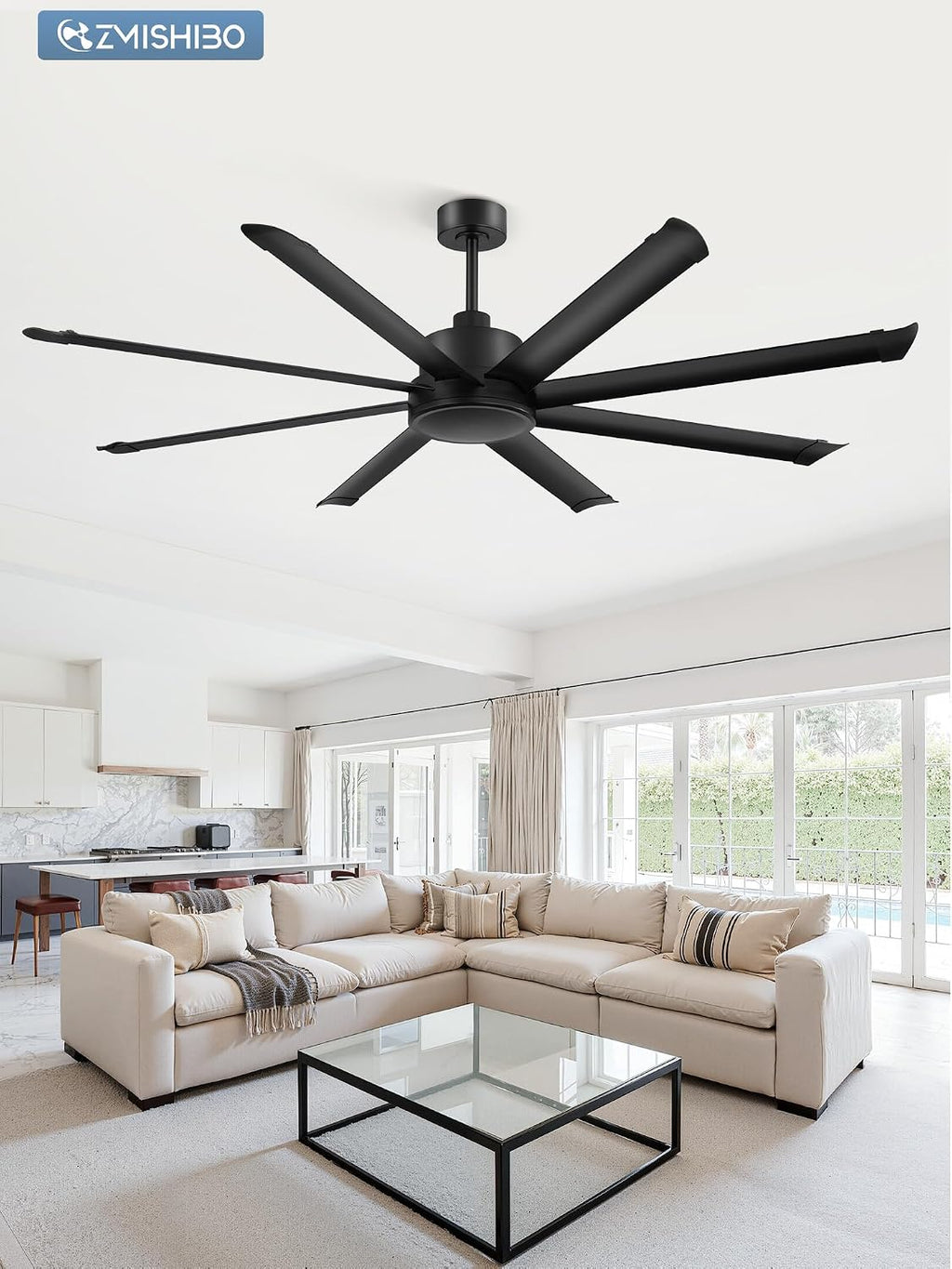ZMISHIBO 72 Inch Large Ceiling Fan No Light, 8 Aluminum Blades, 6-Speed Remote Control, Industrial Ceiling Fan without Light, Quiet DC Motor, Indoor/Outdoor Ceiling Fans for Patio, Garage, Shop