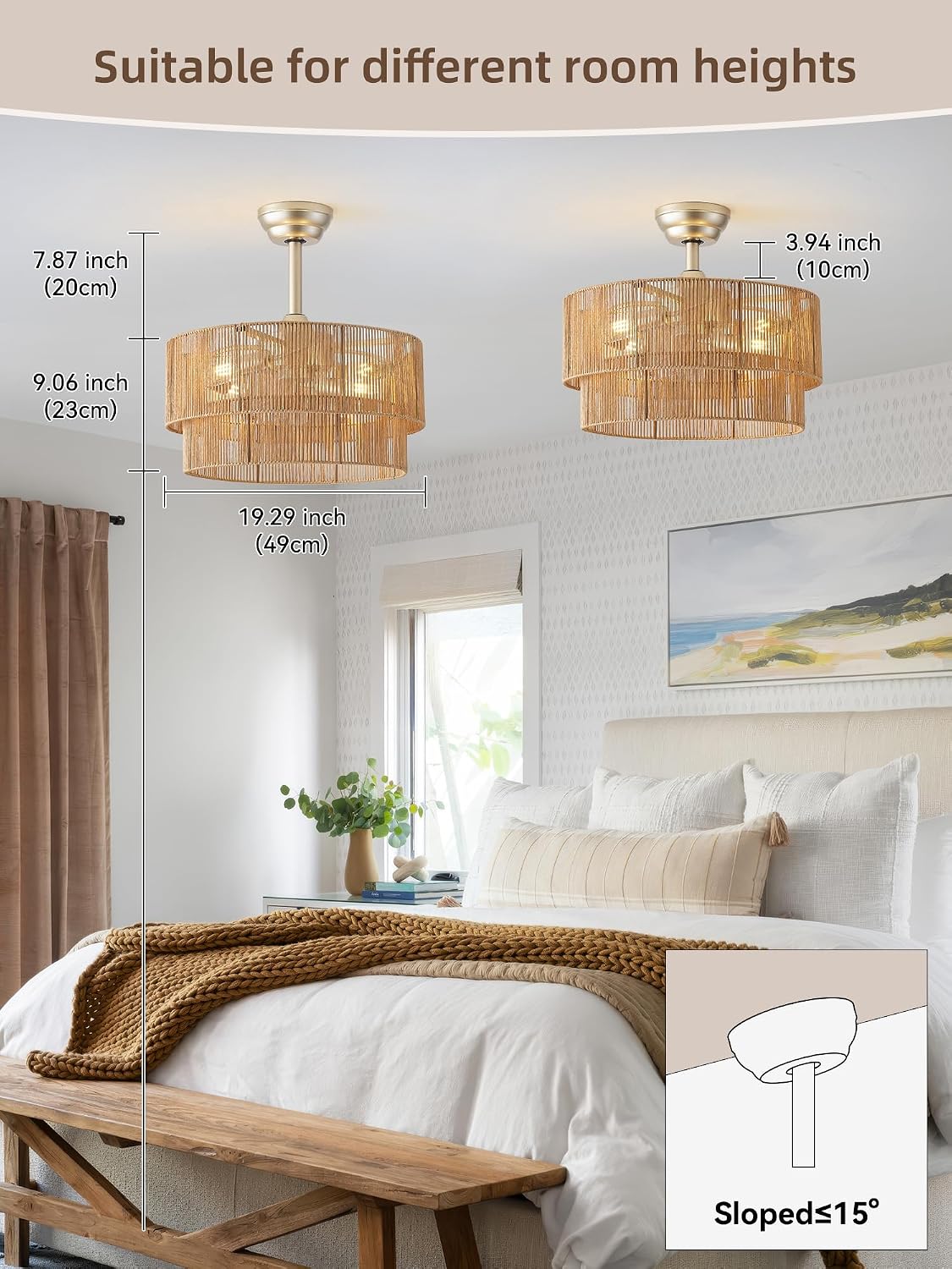 20' Boho Fandelier Ceiling Fans with Lights, Fabric Chandelier Ceiling Fan with Light Remote Control, Caged with 6 Speeds for Living Room, Bedroom, Nursery.
