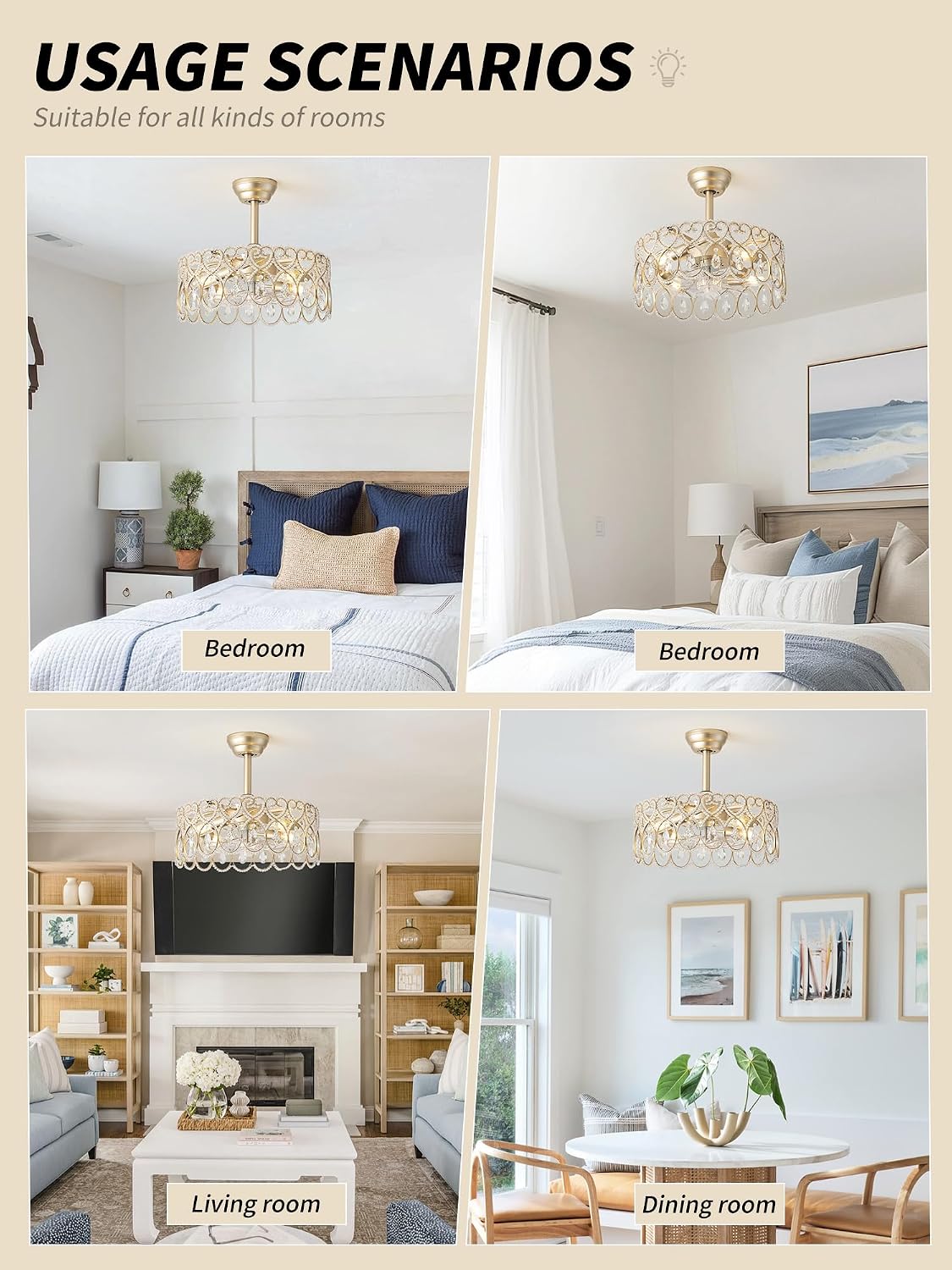 SYDACG 20' Gold Crystal Fandelier Ceiling Fans with Lights, Gold Chandelier Ceiling Fan with Light Remote Control, Mid-Century Modern Caged 6 Speeds for Bedroom, Nursery, Foyer, Living Room