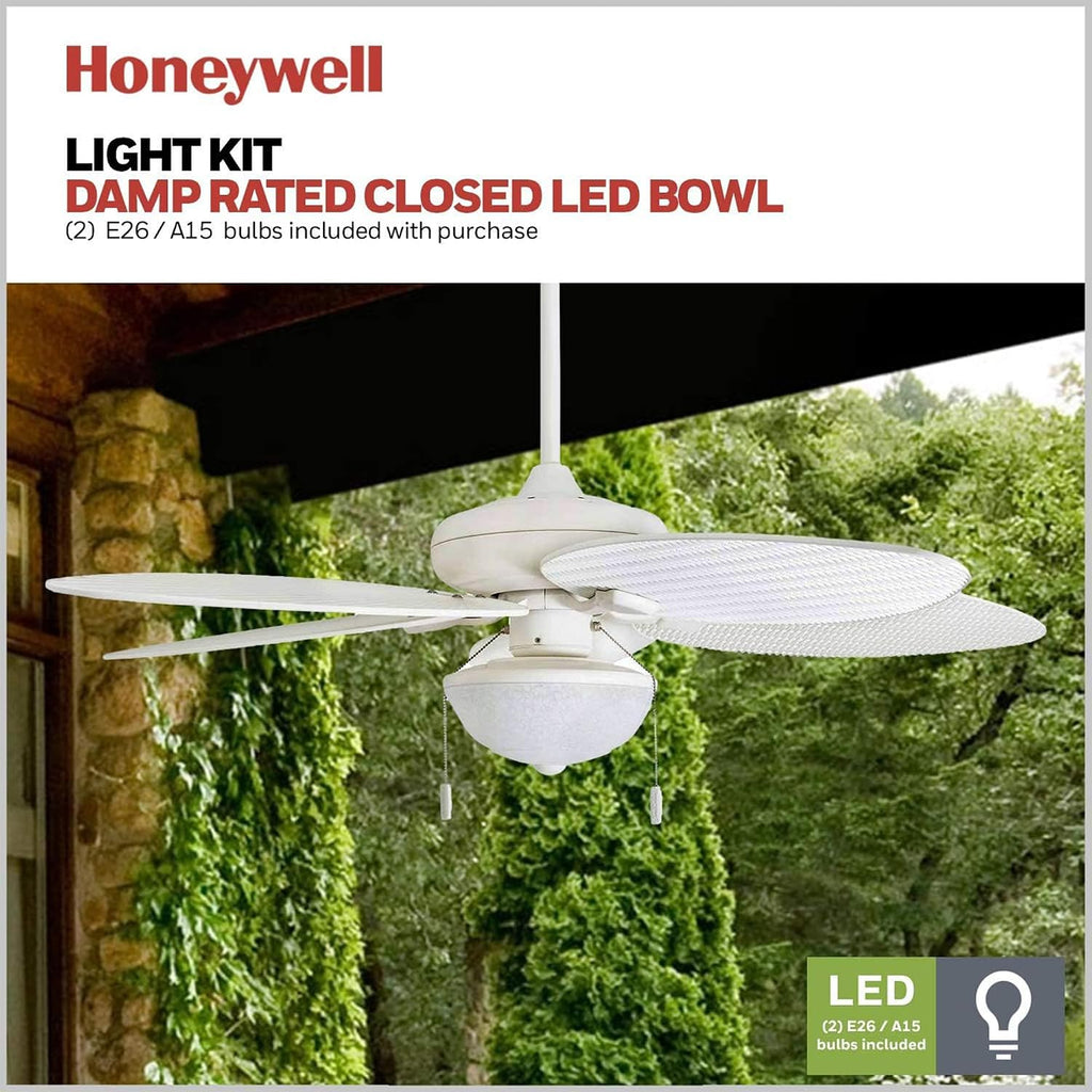 Honeywell Ceiling Fans Inland Breeze Tropical 52 Inch Indoor Outdoor Ceiling Fan with Light, Pull Chain, 5 Blades with Reversible Motor, White