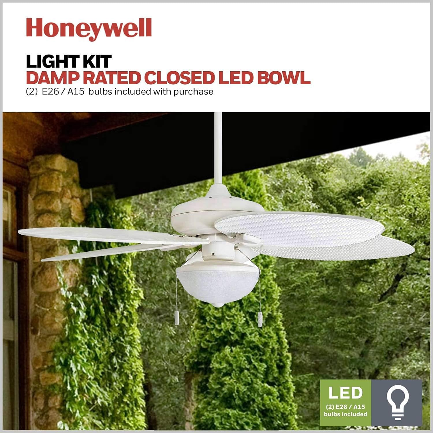 Honeywell Ceiling Fans Inland Breeze Tropical 52 Inch Indoor Outdoor Ceiling Fan with Light, Pull Chain, 5 Blades with Reversible Motor, White