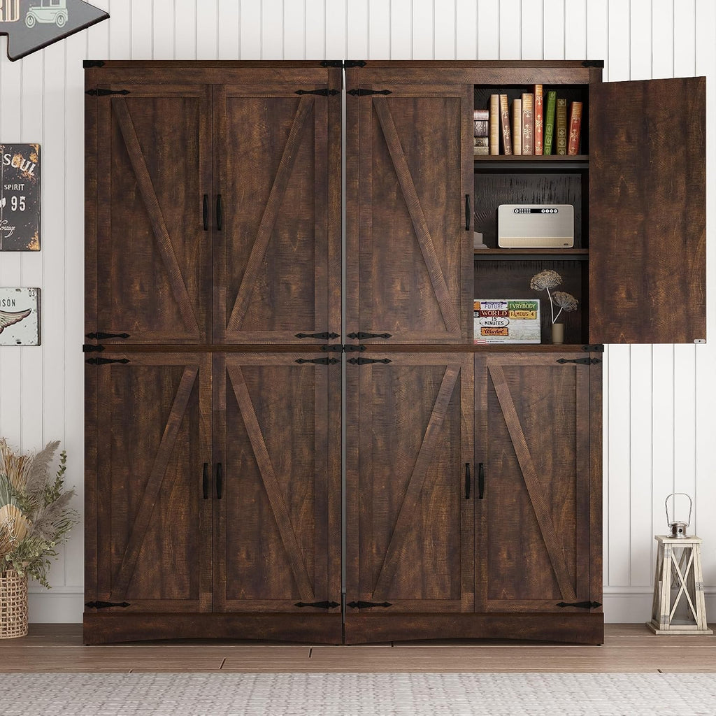 chartustriable 71in Farmhouse Kitchen Pantry Cabinet,Tall Storage Cabinet with 4 Doors and Adjustable shelves,with Load-Bearing Steel Pipe,Wood Storage Cabinets for Kitchen,Dining Room,Bathroom(Brown)