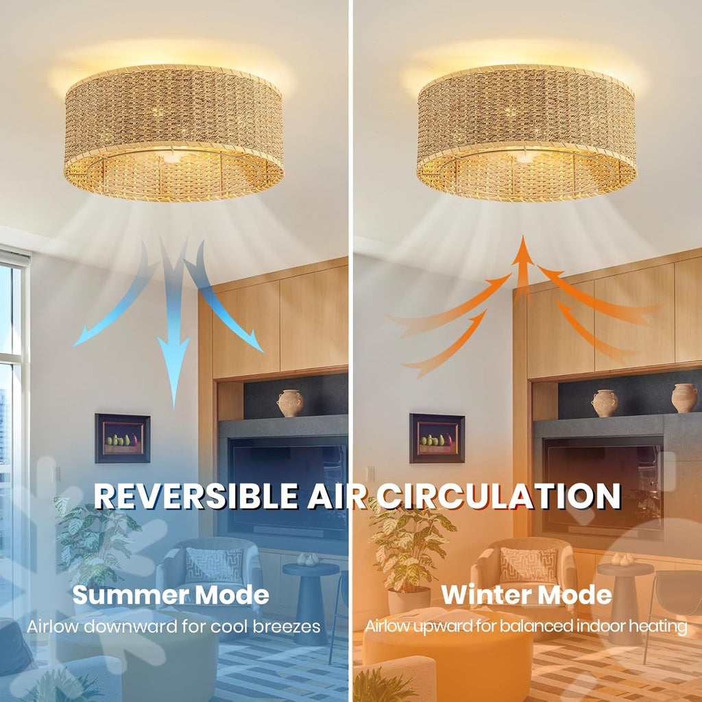 Boho Ceiling Fan with Light,Caged Ceiling Fan with Remote Control Reverible Blades,Low Profile 6 Speeds,Farmhouse Rattan Fandelier Chandelier Ceiling Fans for bedroom,dining room,kitchen ,living room