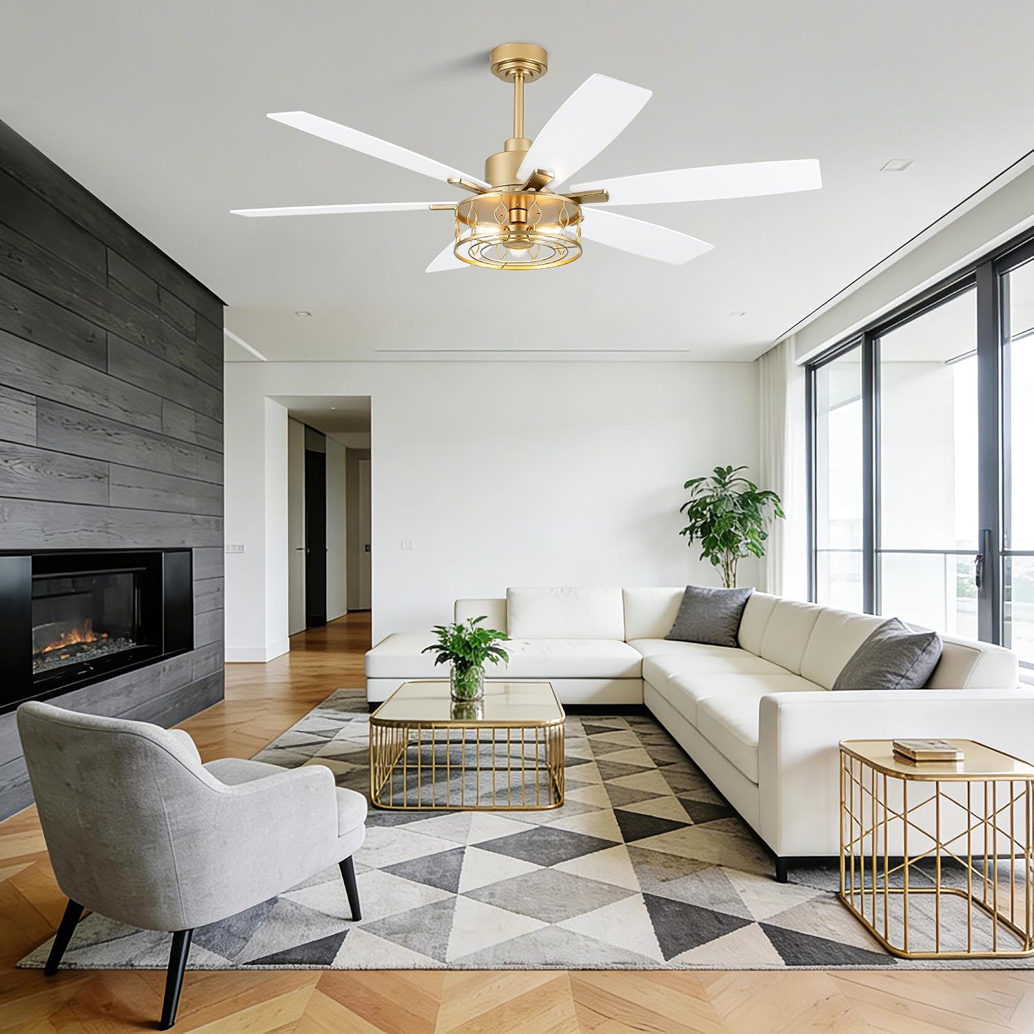 Dawn Whisper 60 Inch Ceiling Fans with Lights Gold Ceiling Fans with Remote Quiet Reversible DC Motor 6 Speeds Large Industrial Chandelier Fan for Living Room Bedroom