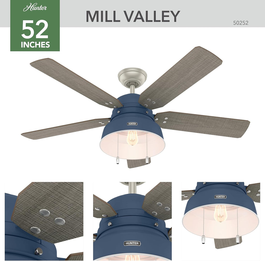 Hunter 52 inch Outdoor or Indoor Ceiling Fan with LED Light - Rustic Ceiling Fan with Pull Chain, For Bedroom, Living Room, or Patio, Standard Mount, No Remote - Mill Valley 50252, Indigo Blue