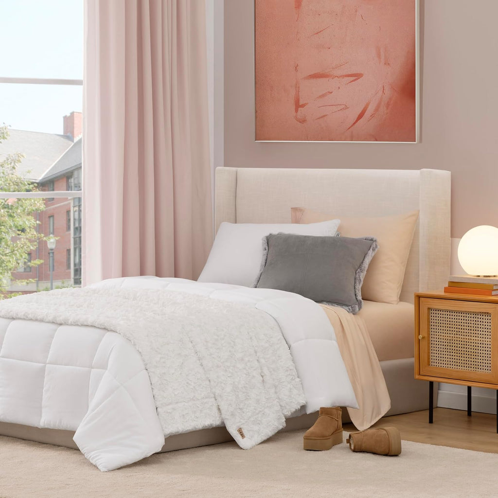 UGG Adalee Faux Fur Twin Blanket for Bed, Soft Blanket or Warm Large Throw for Couch, Washable Twin XL Bedding, Luxury Bedroom Decor, 66' x 90', Natural White