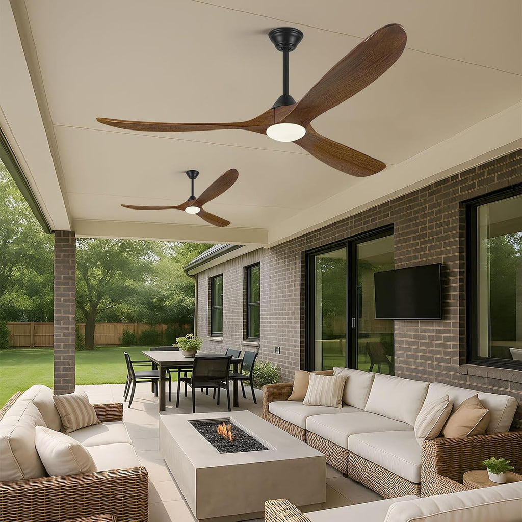 60 Inch Wood Farmhouse Ceiling Fan with Lights and Remote, 3 Propeller Solid Walnut Blades, Rustic Outdoor Ceiling Fans for Patio Damp Rated, Large Airflow Quiet Reversible DC Motor, for Indoor Room