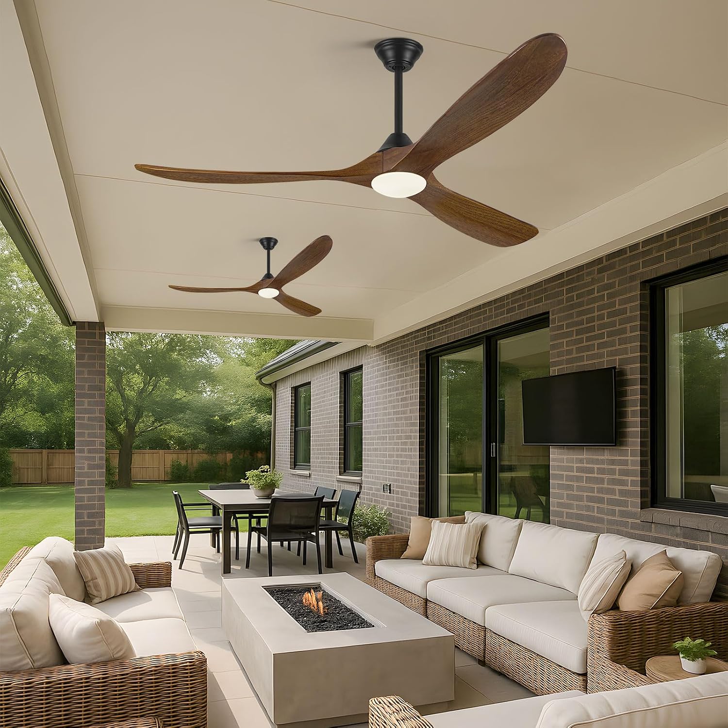 60 Inch Wood Farmhouse Ceiling Fan with Lights and Remote, 3 Propeller Solid Walnut Blades, Rustic Outdoor Ceiling Fans for Patio Damp Rated, Large Airflow Quiet Reversible DC Motor, for Indoor Room