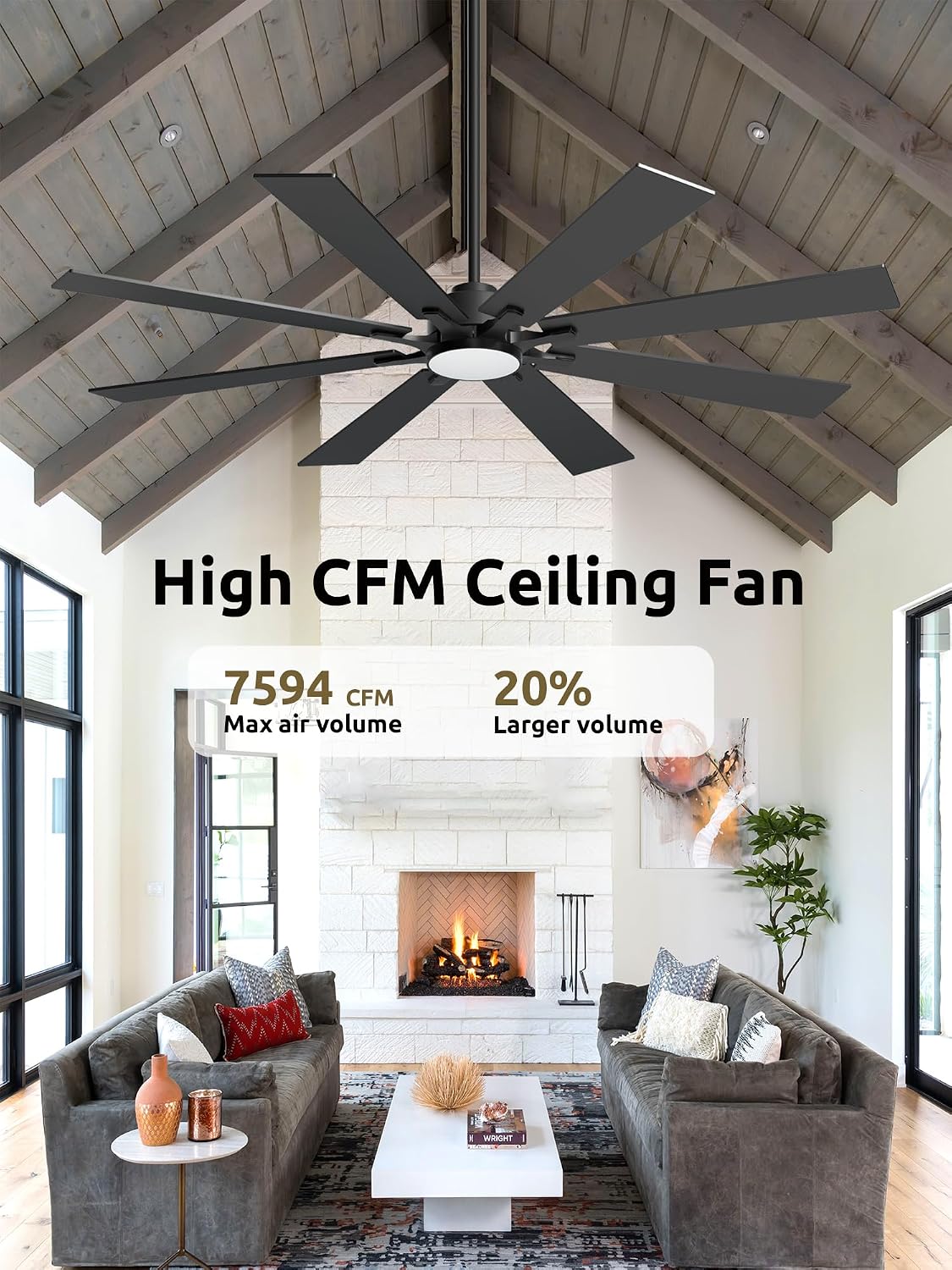 62 Inch Black Ceiling Fan with 5CCT Dimmable Light and Remote, Damp-Rated Indoor/ Outdoor for Patio Industrial Living Room -High CFM Quiet 6-Speed DC Motor, 8 Dual-Finish Blades with Timer 3 Downrods
