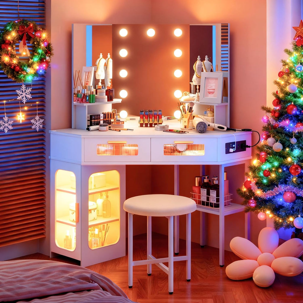 Lareth Corner Vanity Desk with 3 Way Mirror and Lights, Modern Makeup Vanity with Charging Station, Stool, 45.5' Large Bedroom Dressing Table with 2 Drawers & Shelves, Gifts for Girls Women, White