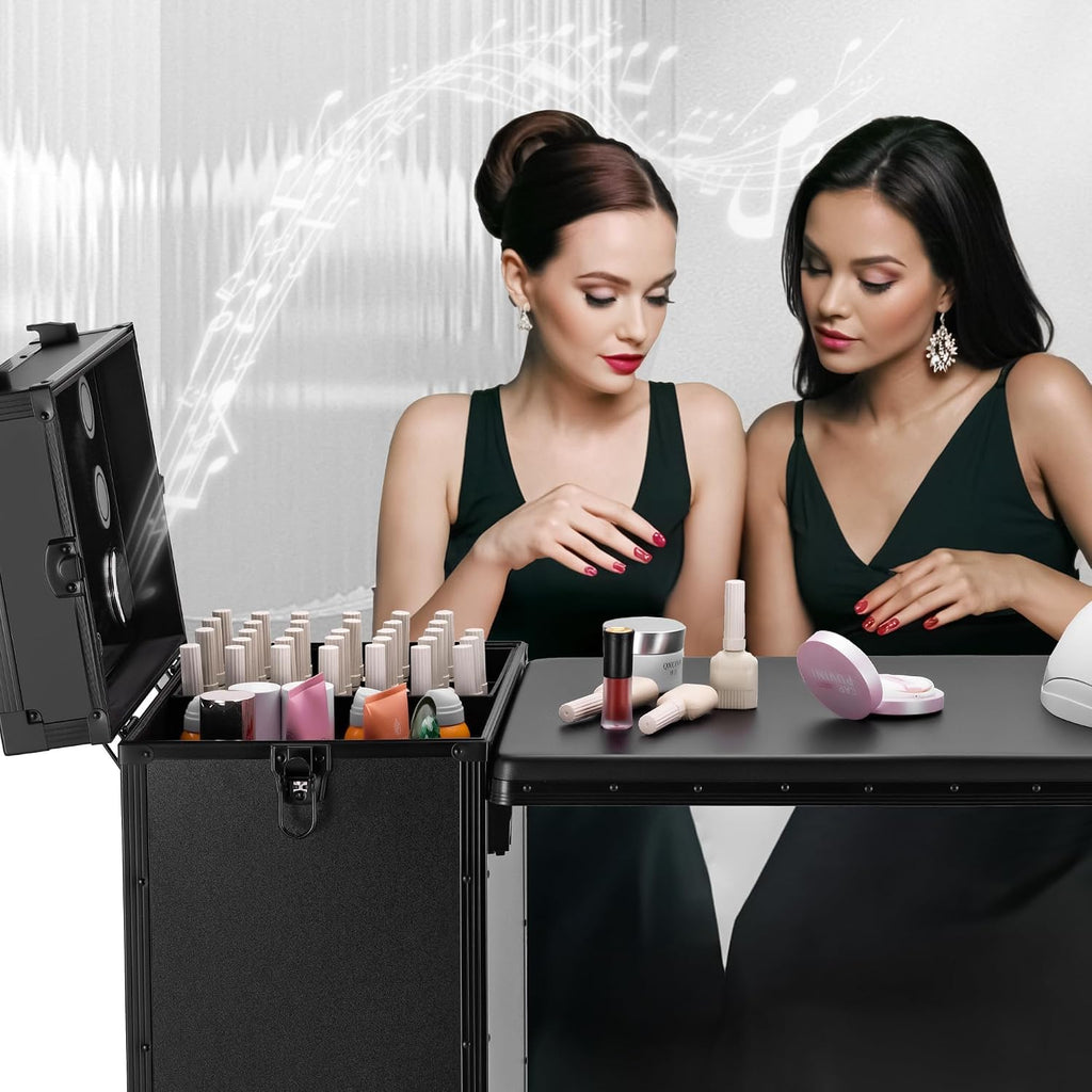 Portable Manicure Table 3 Drawers, Rolling Lockable Makeup Train Case with Blueteeth Speaker and Nail Polish Organizer, Foldable Nail Desk with Mirror & TSA Lock for Nail Tech and Salon Use