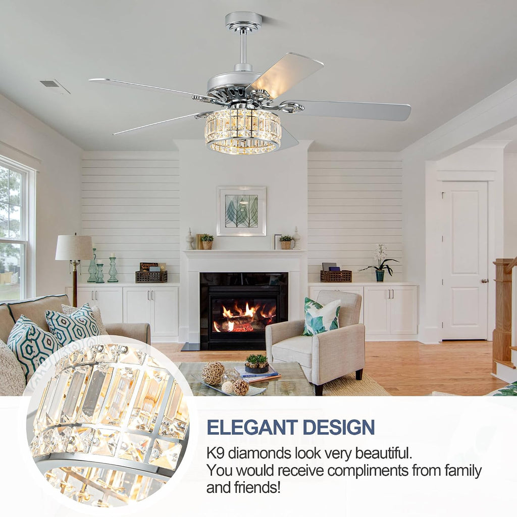 Bella Depot 52' Ceiling Fan with Light, Caged Chandelier Fan with Light (No Bulbs Included), Vintage Fandelier Fan with Quiet DC Motor for Dining Living Room Bedroom (Chrome)
