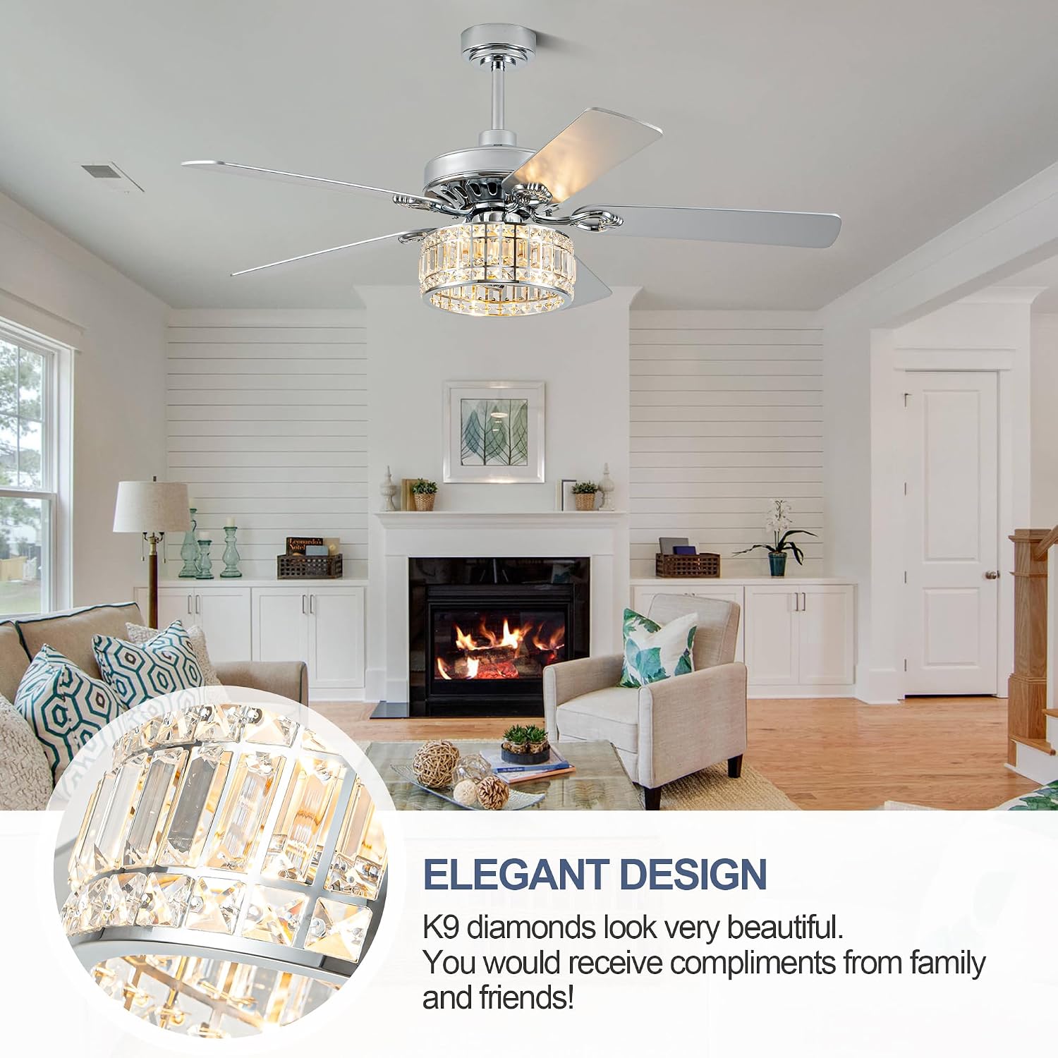 Bella Depot 52' Ceiling Fan with Light, Caged Chandelier Fan with Light (No Bulbs Included), Vintage Fandelier Fan with Quiet DC Motor for Dining Living Room Bedroom (Chrome)