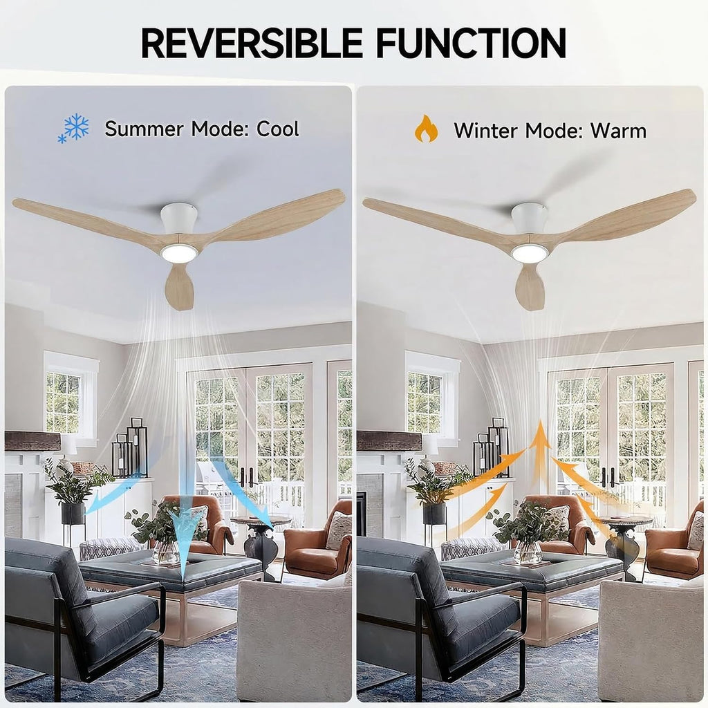 Skylike 52' Flush Mount Wood Ceiling Fan with Lights, 3 Blade Low Profile Rustic Ceiling Fan with Remote Control,Quiet Indoor/Outdoor Light Walnut Ceiling Fan for Patio,Porch, Gazebo, Bedroom