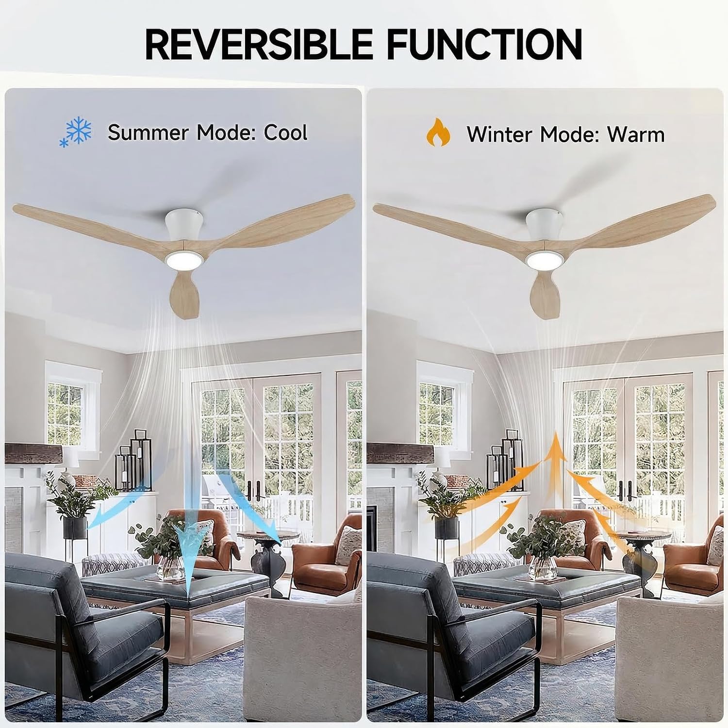 Skylike 52' Flush Mount Wood Ceiling Fan with Lights, 3 Blade Low Profile Rustic Ceiling Fan with Remote Control,Quiet Indoor/Outdoor Light Walnut Ceiling Fan for Patio,Porch, Gazebo, Bedroom