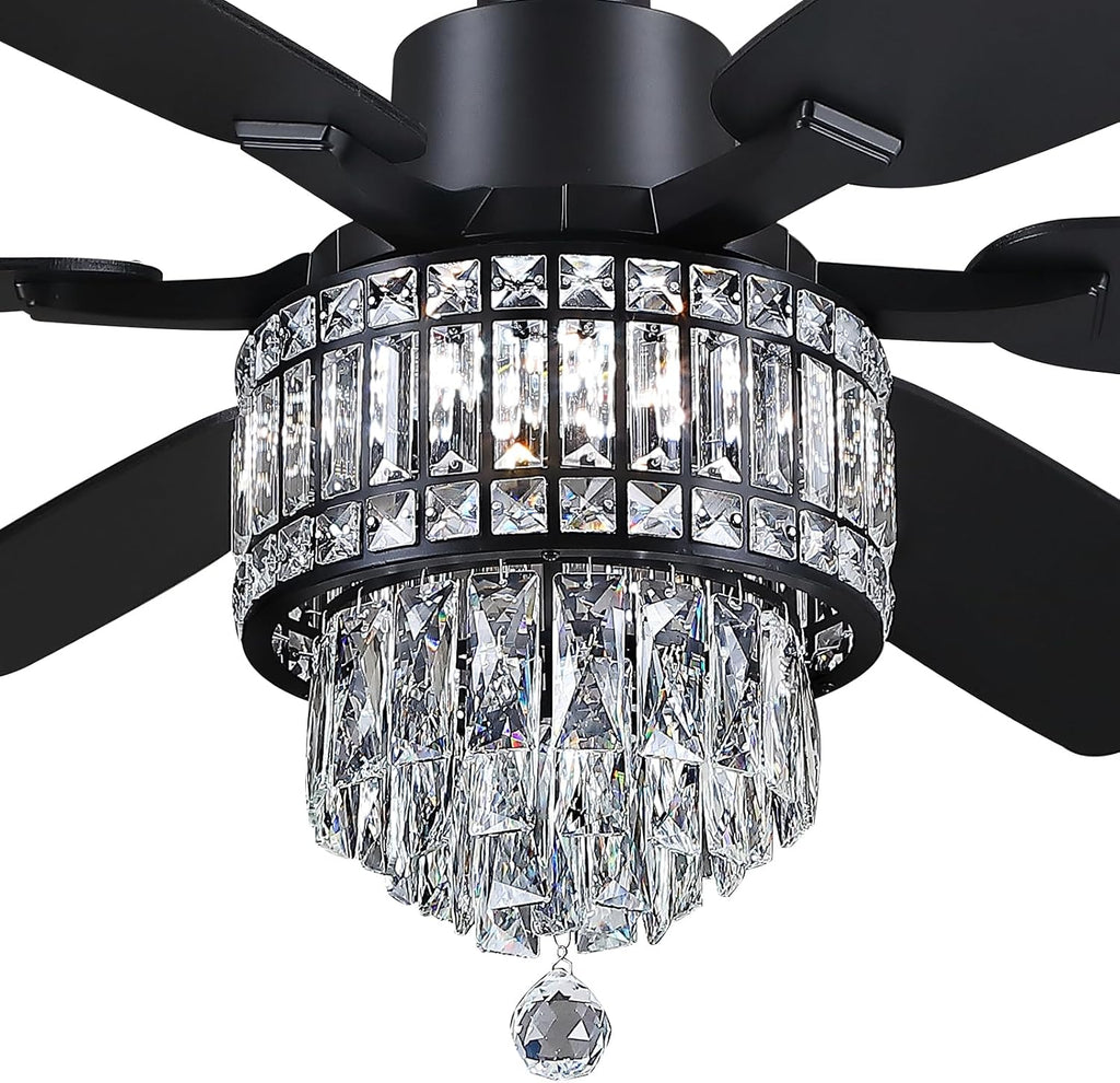 Kviflon 52 Inch Crystal Ceiling Fan with Lights, Black Fandelier Ceiling Fan with Light and Remote/APP Control, Modern Chandelier Ceiling Fan for Bedroom Living Room, Quiet DC Motor, Dimmable LED
