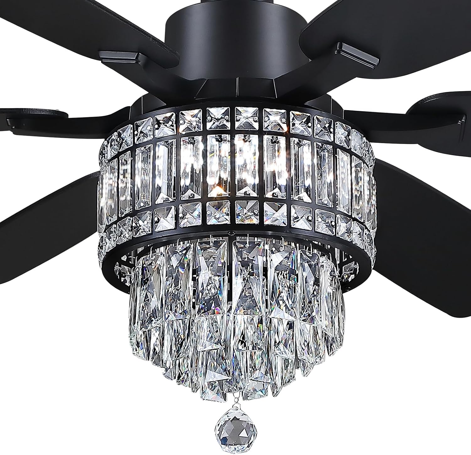 Kviflon 52 Inch Crystal Ceiling Fan with Lights, Black Fandelier Ceiling Fan with Light and Remote/APP Control, Modern Chandelier Ceiling Fan for Bedroom Living Room, Quiet DC Motor, Dimmable LED