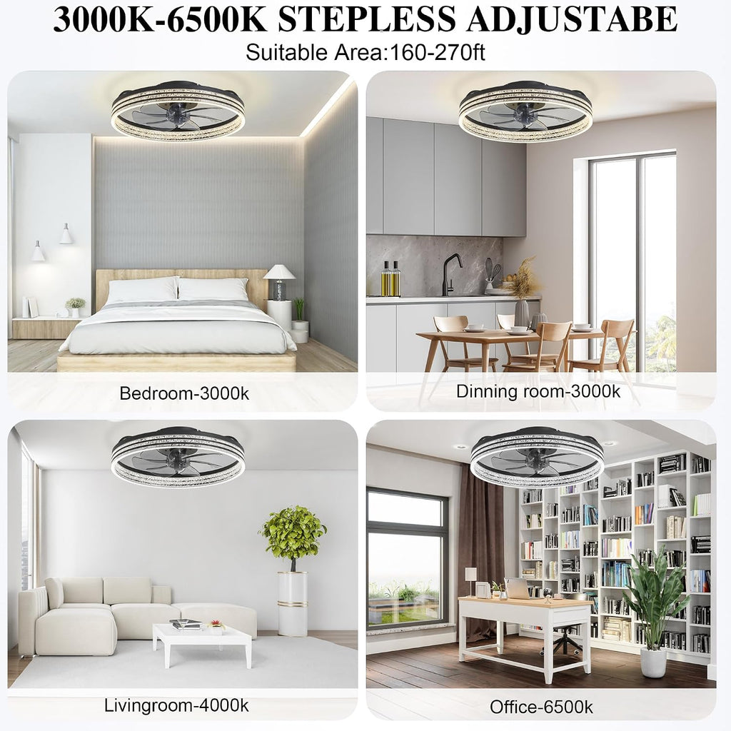 Smart Ceiling Fans with Lights Remote - WiFi Alexa 20'' Flush Mount Low Profile Modern Ceiling Fans for Bedroom -Stepless Color Temperature and 6 Speeds - Crystal Stripe