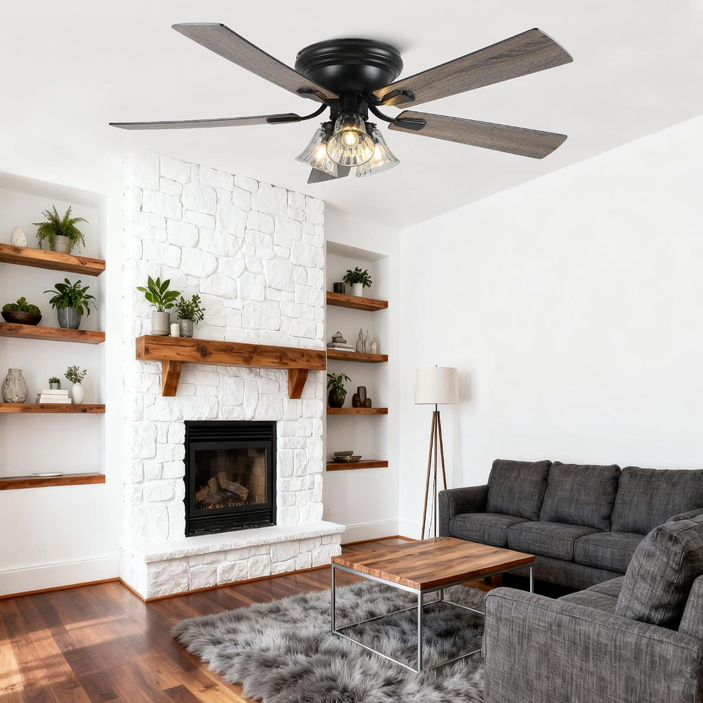 Dawn Whisper 52 Inch Ceiling Fan with Light Flush Mount Classic Vintage Farmhouse Ceiling Fan with 3 E26 Covered Energy Efficient Light Bulbs Base