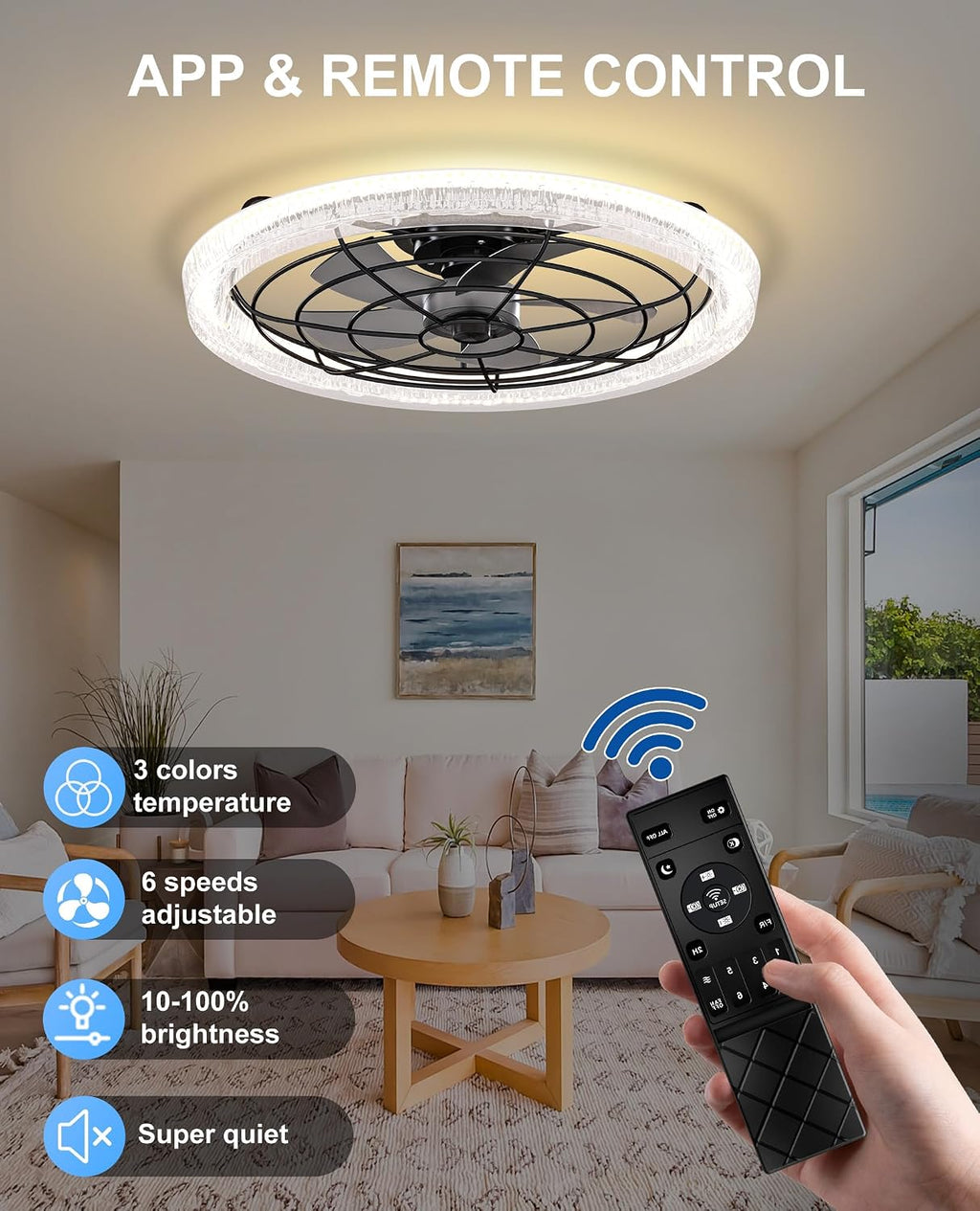 Smart Ceiling Fan with Light, Flush Mount Low Profile, Remote & App Control, 6 Speeds 30dB Quiet DC Motor, 3570 Lumens Dimmable LED, 3000K-6500K Color Options 24' Black