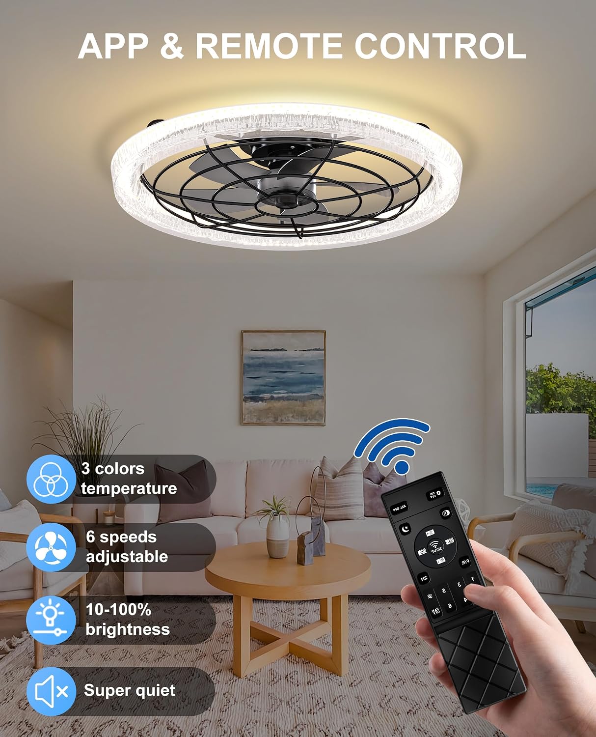 Smart Ceiling Fan with Light, Flush Mount Low Profile, Remote & App Control, 6 Speeds 30dB Quiet DC Motor, 3570 Lumens Dimmable LED, 3000K-6500K Color Options 24' Black