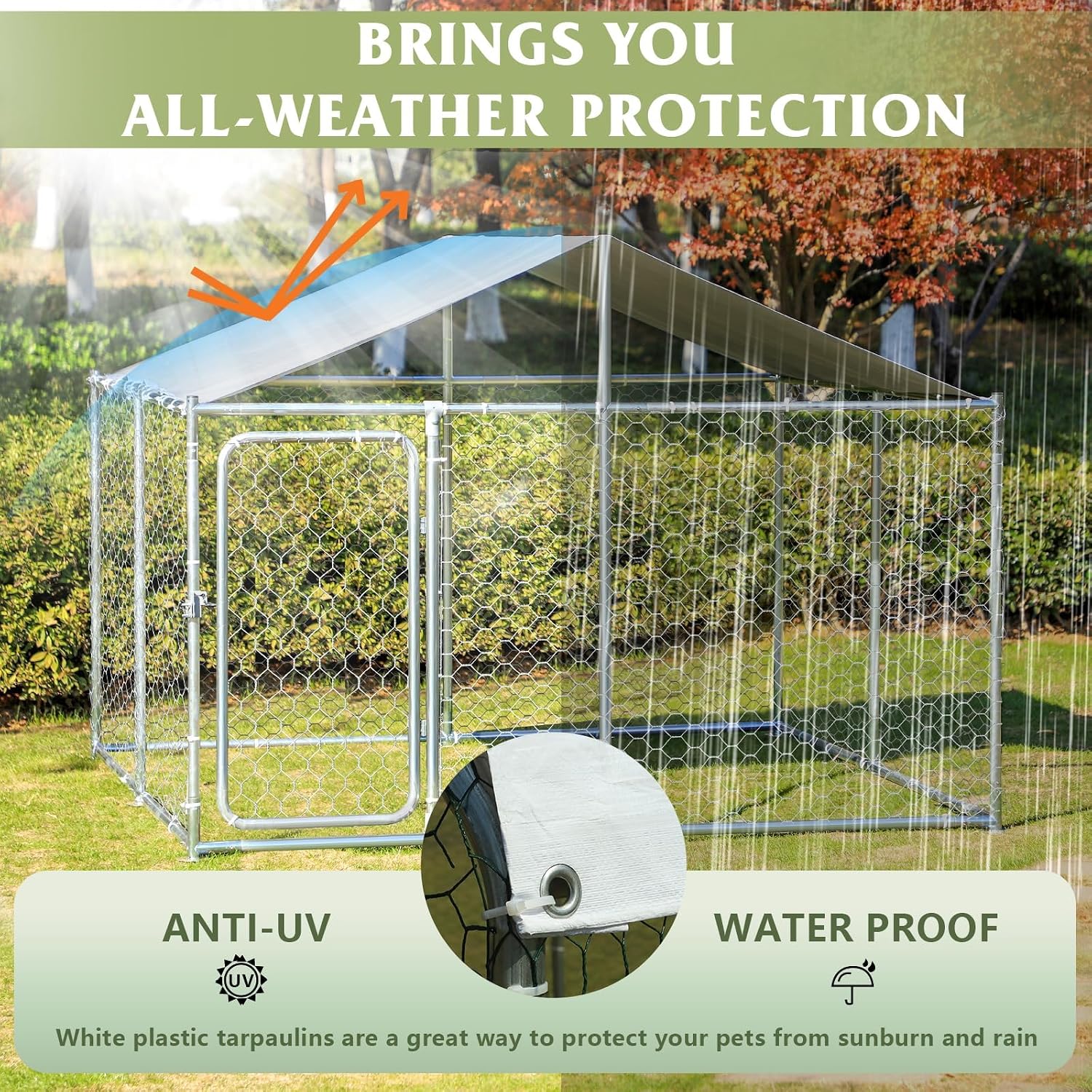 Large Outdoor Kennel, Heavy Duty With Water&UV-Resistant Proof, Galvanized Steel Pens Outside House for Dog Run, Playpen (90' L x 90' W x 63' H), Silver