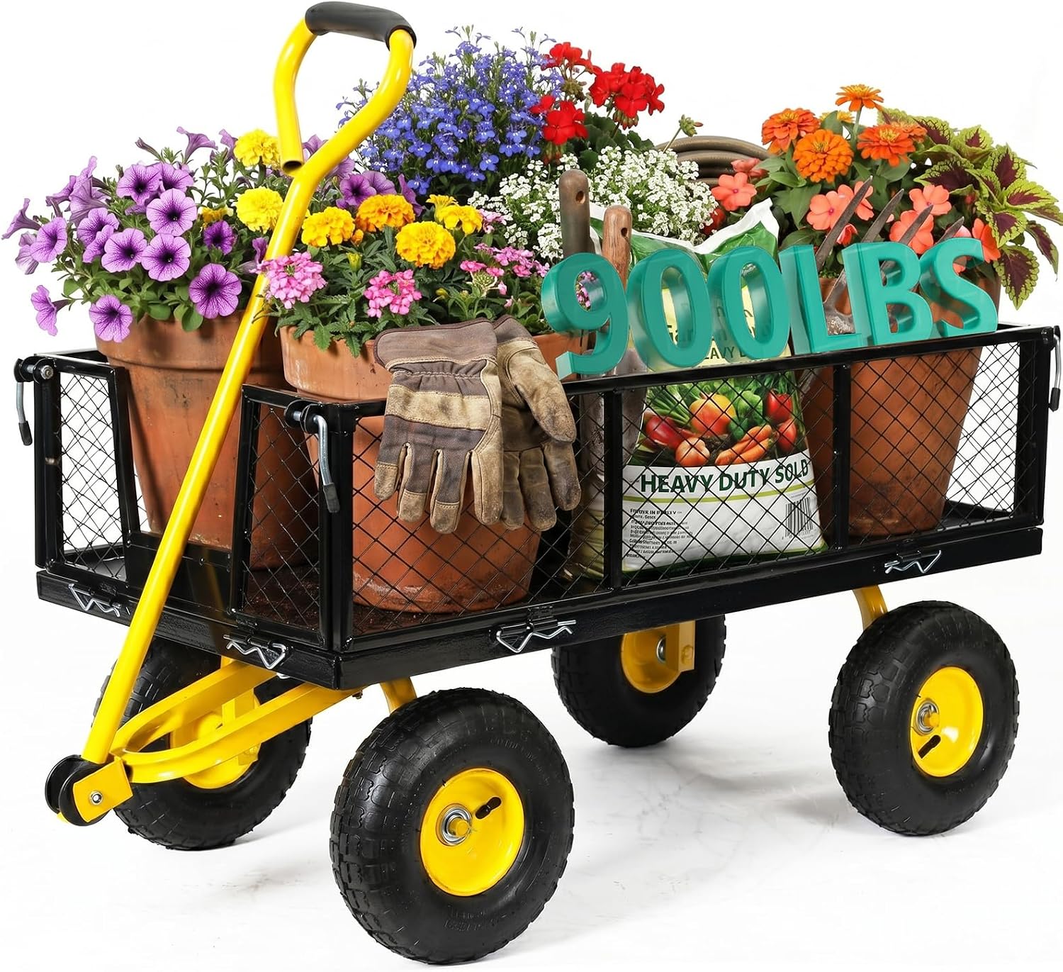 SUNNYFEEL 900 LBS Heavy Duty Steel Garden Cart, Utility Garden Wagon Cart with 10' Flat-Free Wheels and Removable Sides, All Season Yard Cart with 180° Adjustable Handle
