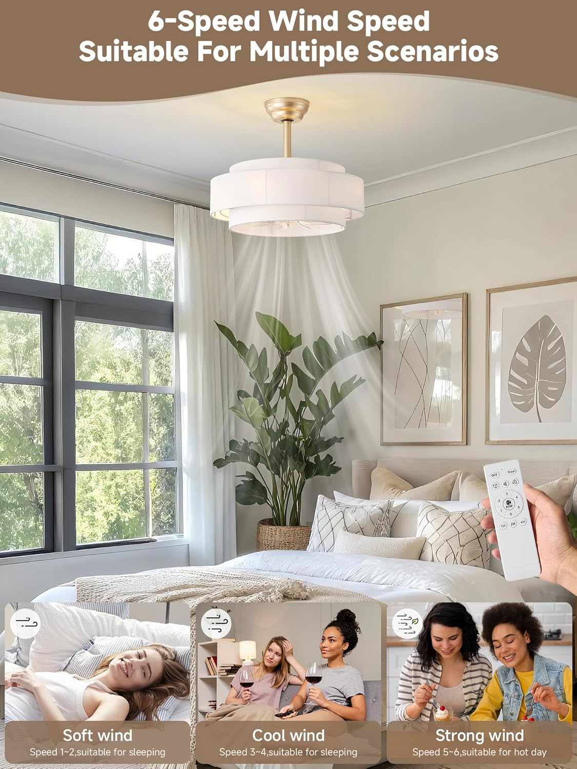 20' Boho Fandelier Ceiling Fan with Light, Caged Gold Fandelier Ceiling Fans with Lights Remote Control with 6 Speeds for Bedroom, Nursery, Living Room