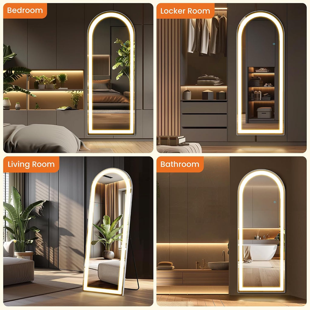Elevon Full Length Mirror with LED Lights, 71'x26' Floor Mirror with Dimming & 3 Color Lighting, Led Mirrors Full Length with Stand for Bedroom, Dressing Room, Arched