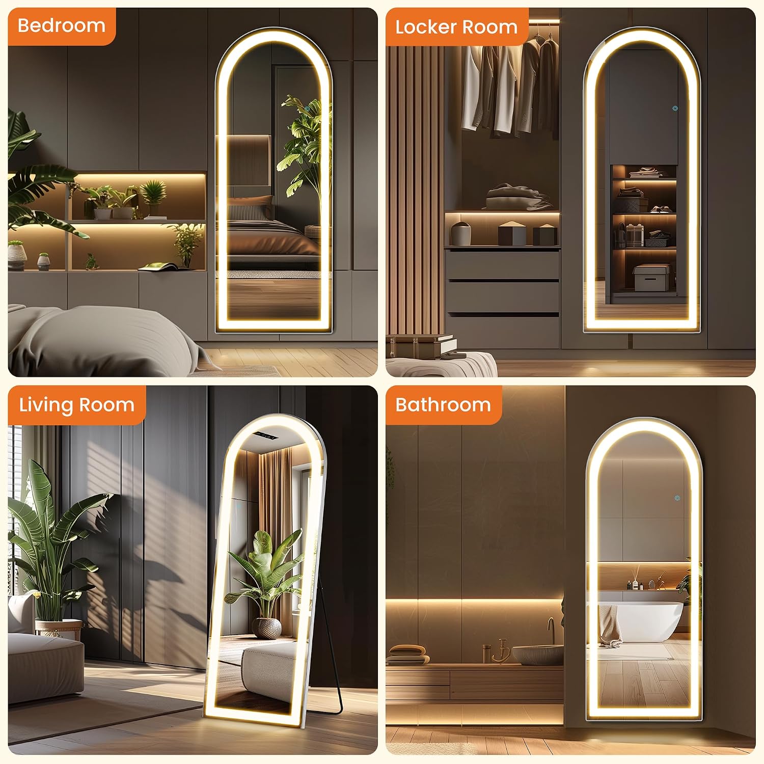 Elevon Full Length Mirror with LED Lights, 71'x26' Floor Mirror with Dimming & 3 Color Lighting, Led Mirrors Full Length with Stand for Bedroom, Dressing Room, Arched