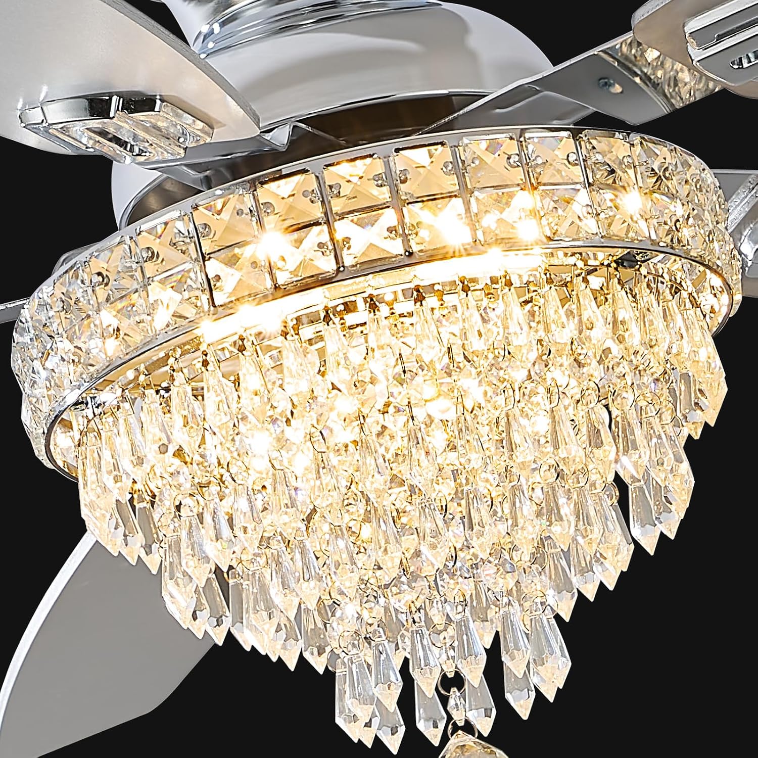 Crystal Ceiling Fan Fandelier with Lights-Ceiling Fans,50' Low Profile and Remote Control, Flush Mount, Reversible, Dimmable, Noiseless,Ceiling Fan for Bedroom（Chrome）