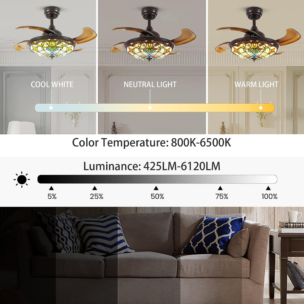36' Tiffany Style Ceiling Fan with Lights, Remote Control Led Dimmable Fandelier Fixture with 4 Retractable Reverse Blades, Vintage Stained Glass Suit for Bedroom Living Room
