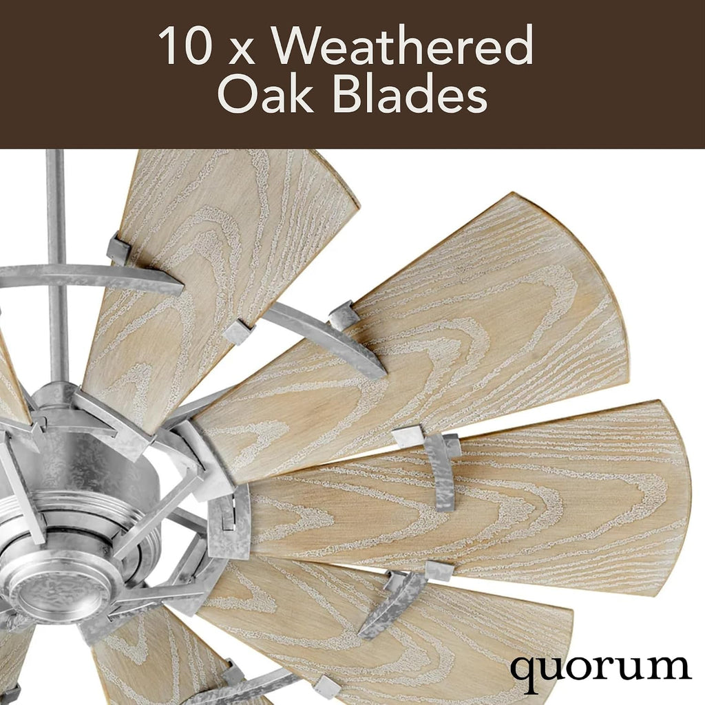Quorum 97215-9 Windmill 72 Inch Ceiling Fan | 15 Blade Wagon Wheel Design | 6 Speed Reversible DC Motor | Remote Control Included | Dry Rated Ceiling Fan | Weathered Oak Blades | Galvanized Finish