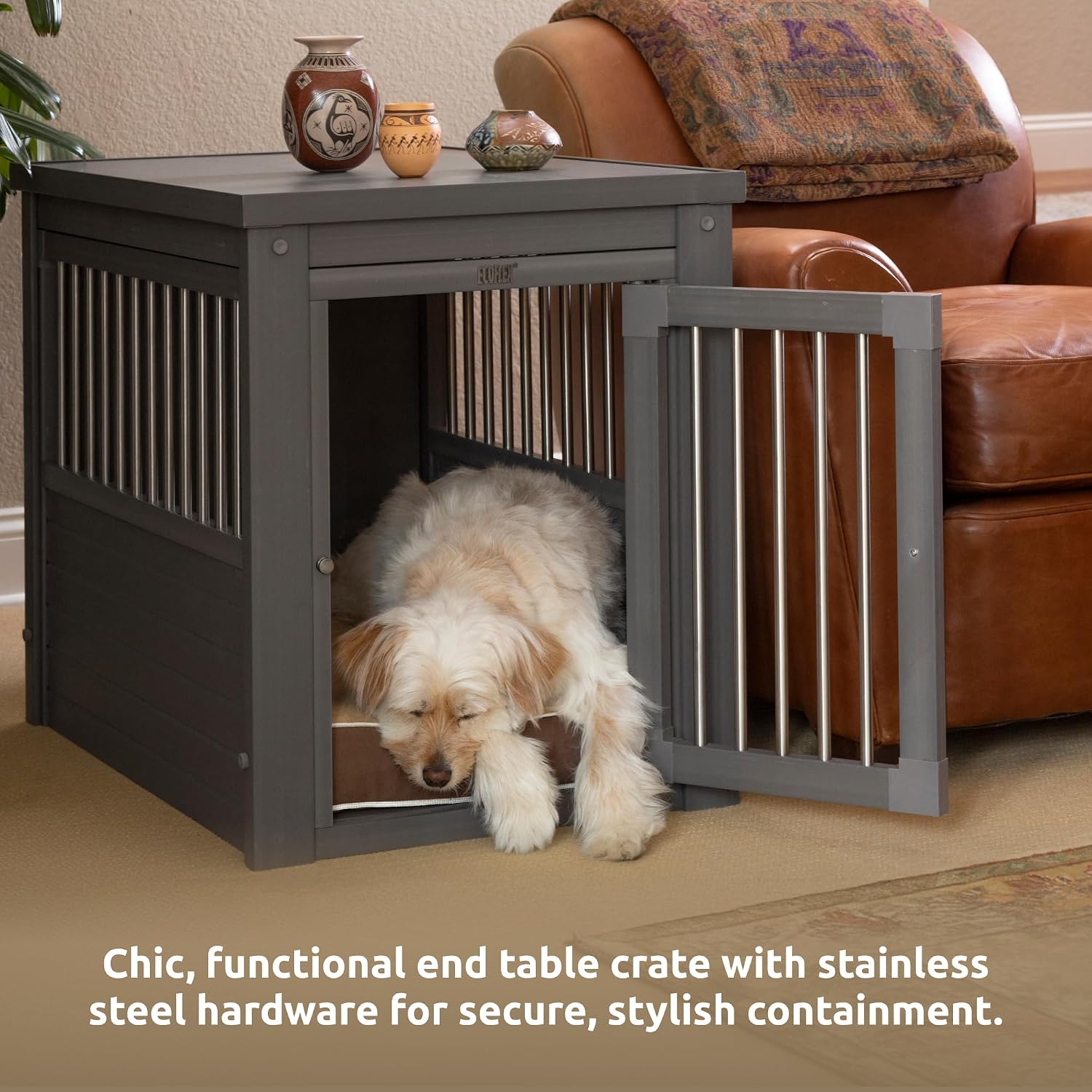 New Age Pet ECOFLEX InnPlace Dog Crate & End Table, Furniture-Style Indoor Kennel for Crate-Trained Dogs, Stainless Steel Spindles, 10-Year Warranty. 4 Colors, 4 Sizes