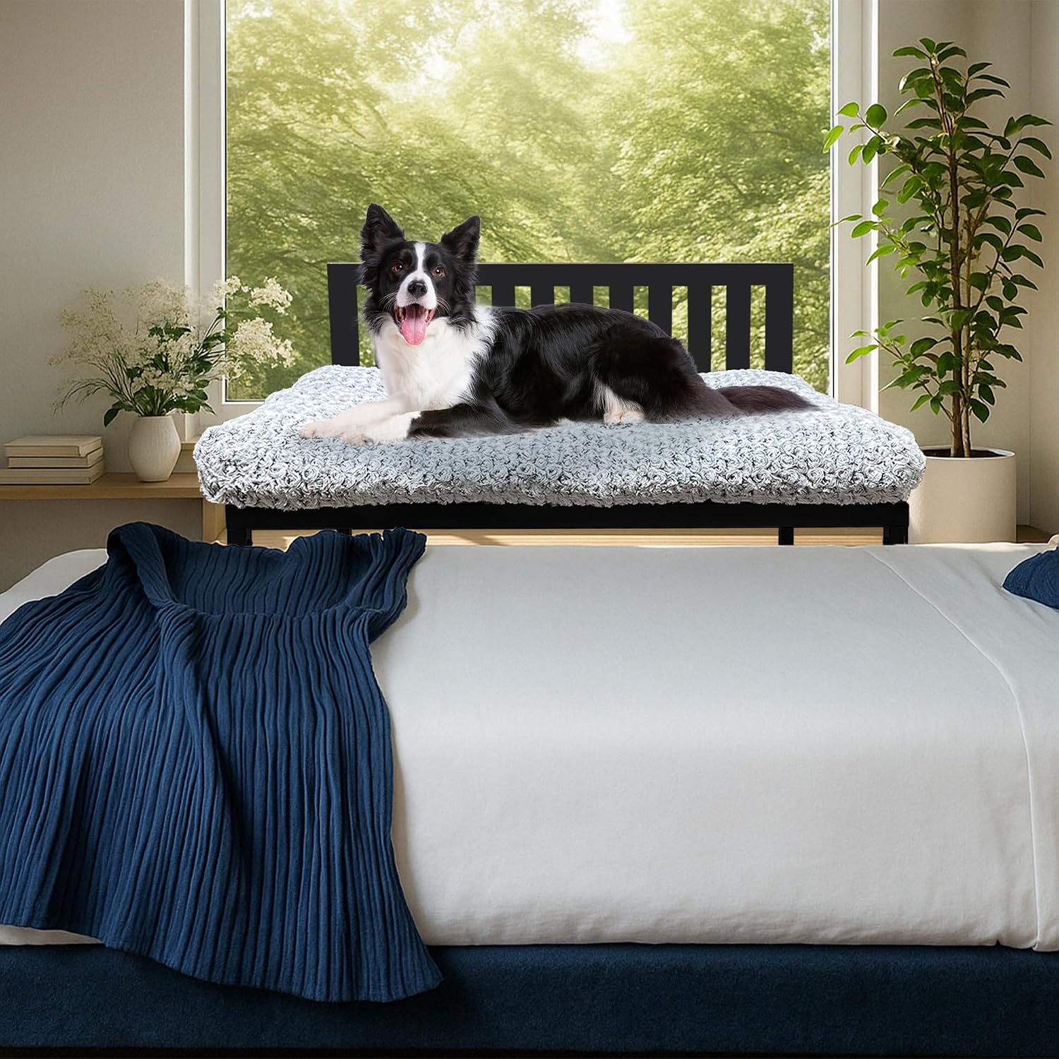 Beside Dog Bed,Adjustable Height Dog Bunk Beds,40''x28'' Metal Dogs Bed Frame with Cushion,Large
