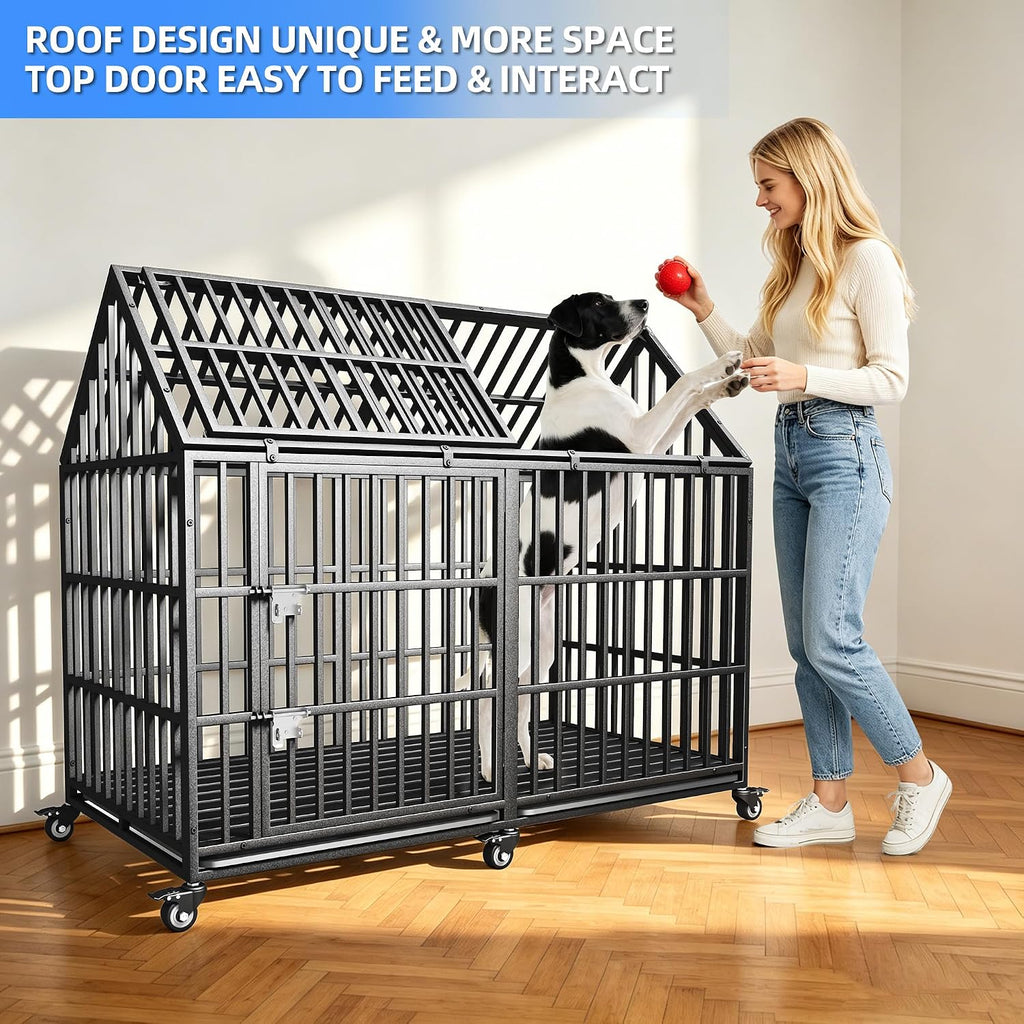 Heavy Duty Dog Crate Cage Kennel 64 inch Sturdy Durable Safe for High Anxiety Giant Extra Large Breeds Dog Pet XL XXL,Lockable Wheels, Removable Trays