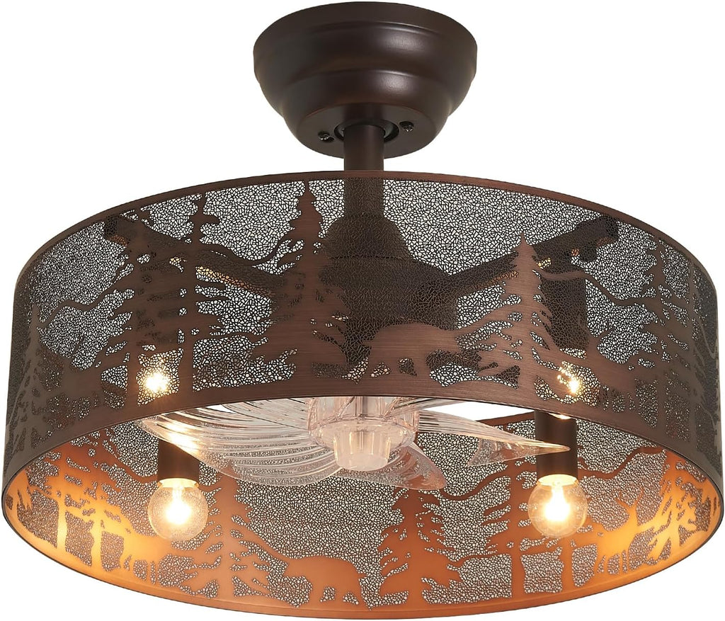 Rustic Farmhouse Ceiling Fan with Light and Remote, Brushed Bronze Round Vintage Industrial Metal Fandelier, Bear and Deer Design Rustic Ceiling Fan for Living Room, Bedroom, Cabin