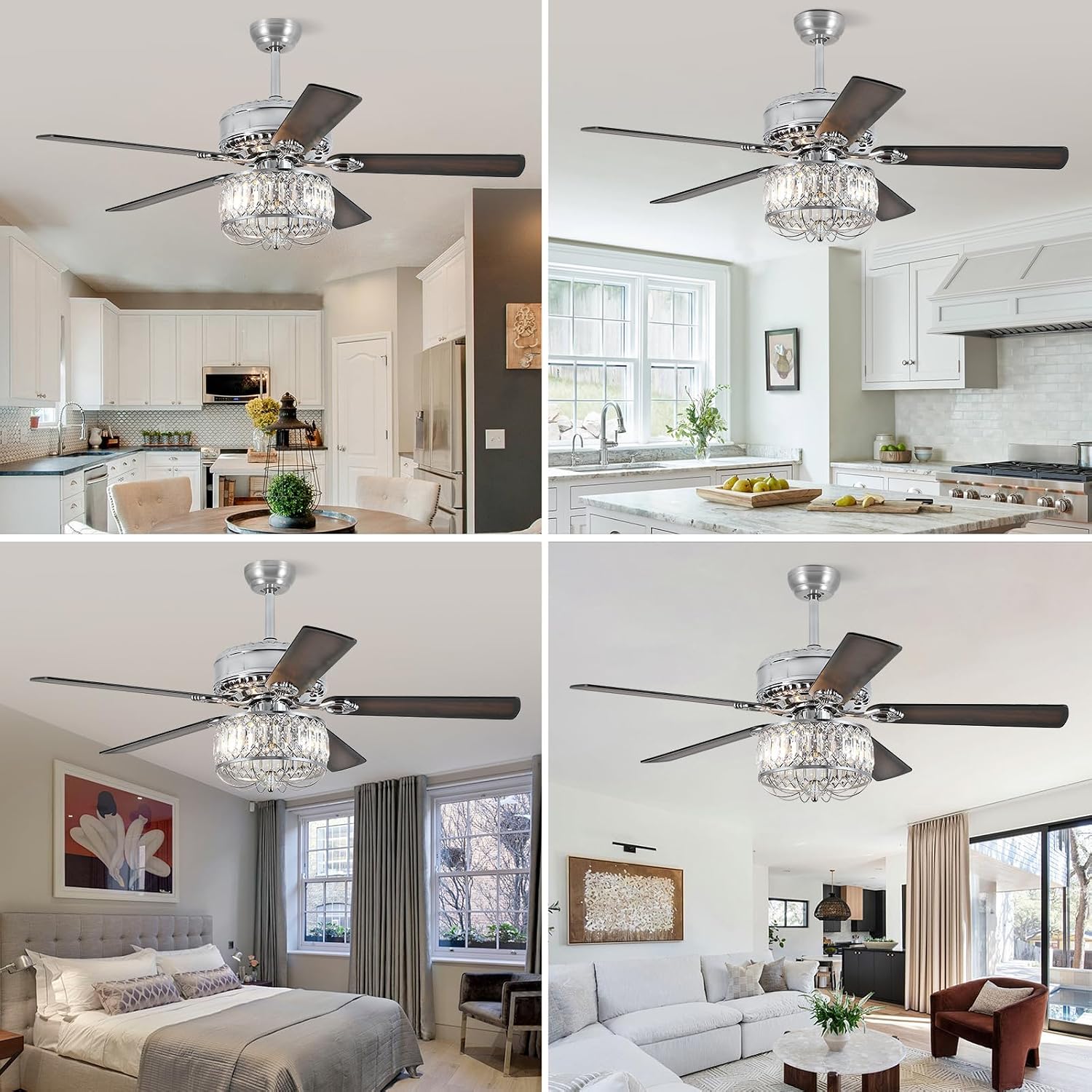 Kviflon Farmhouse Crystal Ceiling Fans with Lights and Remote, 52 Inch Chandelier Ceiling Fans, Chrome Fandelier Ceiling Fan for Bedroom Living Room, Quiet DC Motor, Reversible, Bulb not Included
